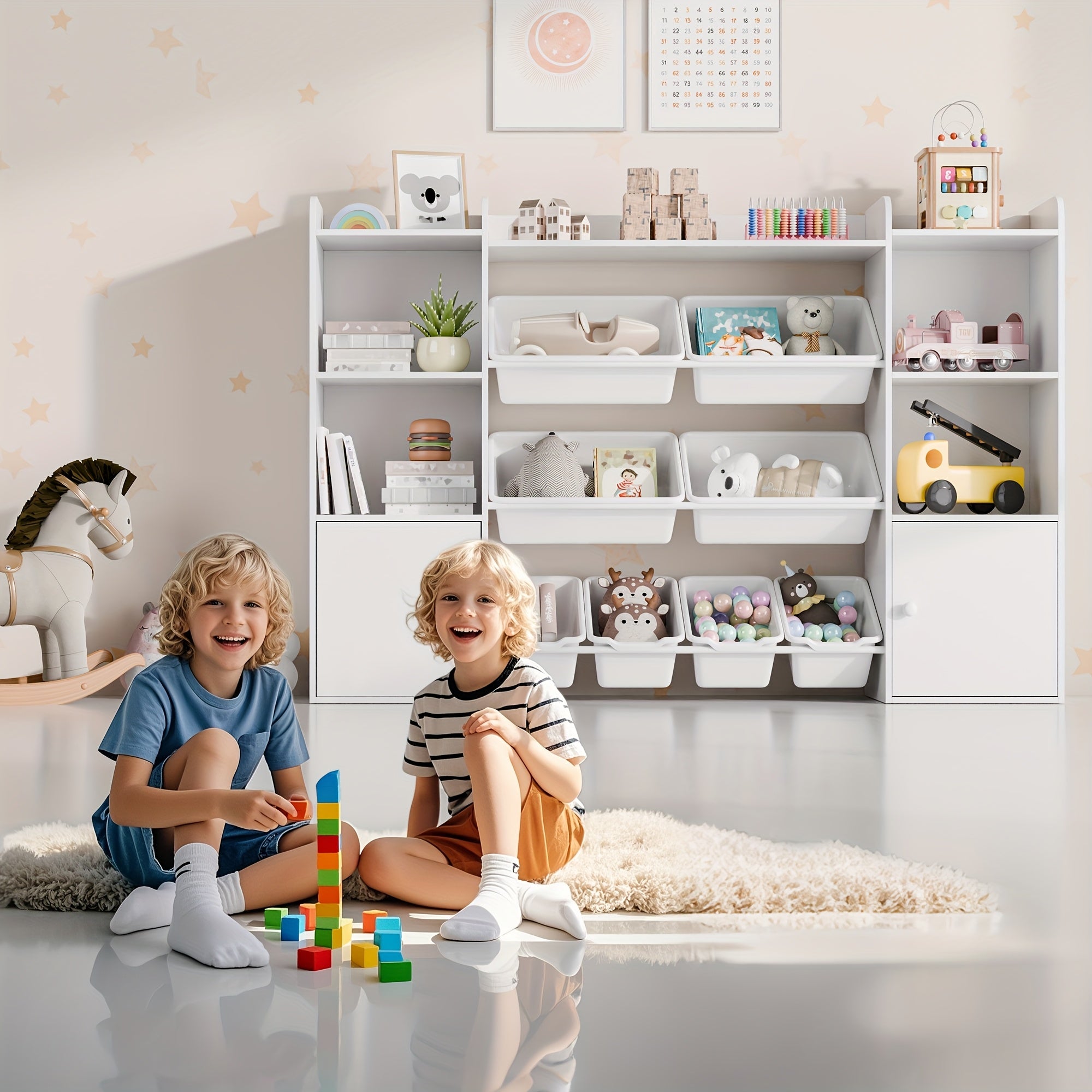 Kids Storage Organizer W\u002F8 Removable Bins, 4-Tier Organizers W\u002F6 Storage Cubbies, Kids Bookshelf And Storage for Playroom, Bedroom, Kids Room, Classroom