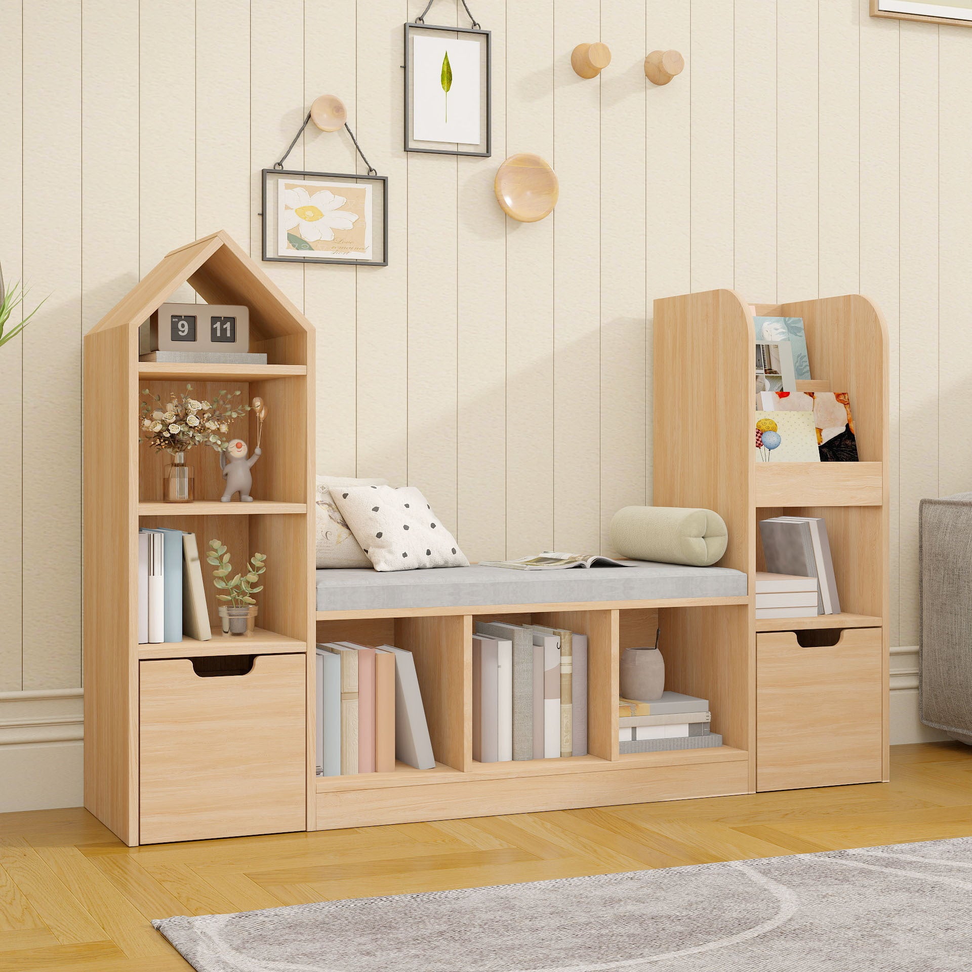 Nordic Style Bookcase with Reading Nook | Space-Saving Storage Cabinet with 7 Cubbies, 2 Movable Drawers & Seat Cushion, Multifunctional Organizer for Living Room, Bedroom, Office, Wood Color, Hardwood Material, VABCHES Brand