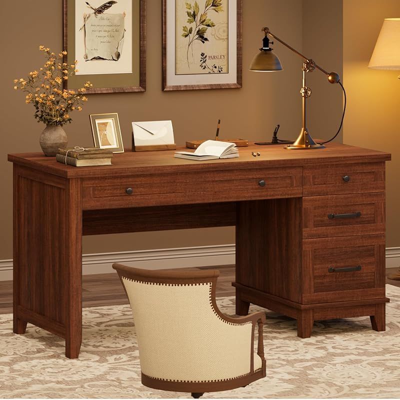 53. 5 Inch Desk with Drawers, Home Office Desk, Executive Desk with Filing Cabinet, Computer Desk for Work, Study, Writing, Suitable for Bedroom, Study, Home Office