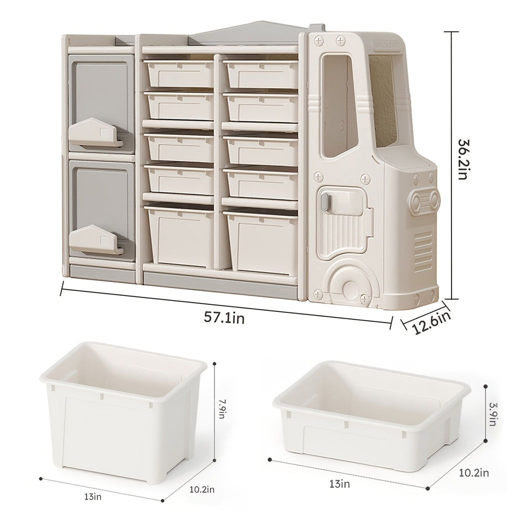 Beige Multi-Tiered Plastic Storage Unit Featuring a Cartoon Train Design, Includes 2 Cabinets And 10 Storage Bins, Easy to Assemble, Ideal for Living Rooms, Dining Areas, And Game Rooms