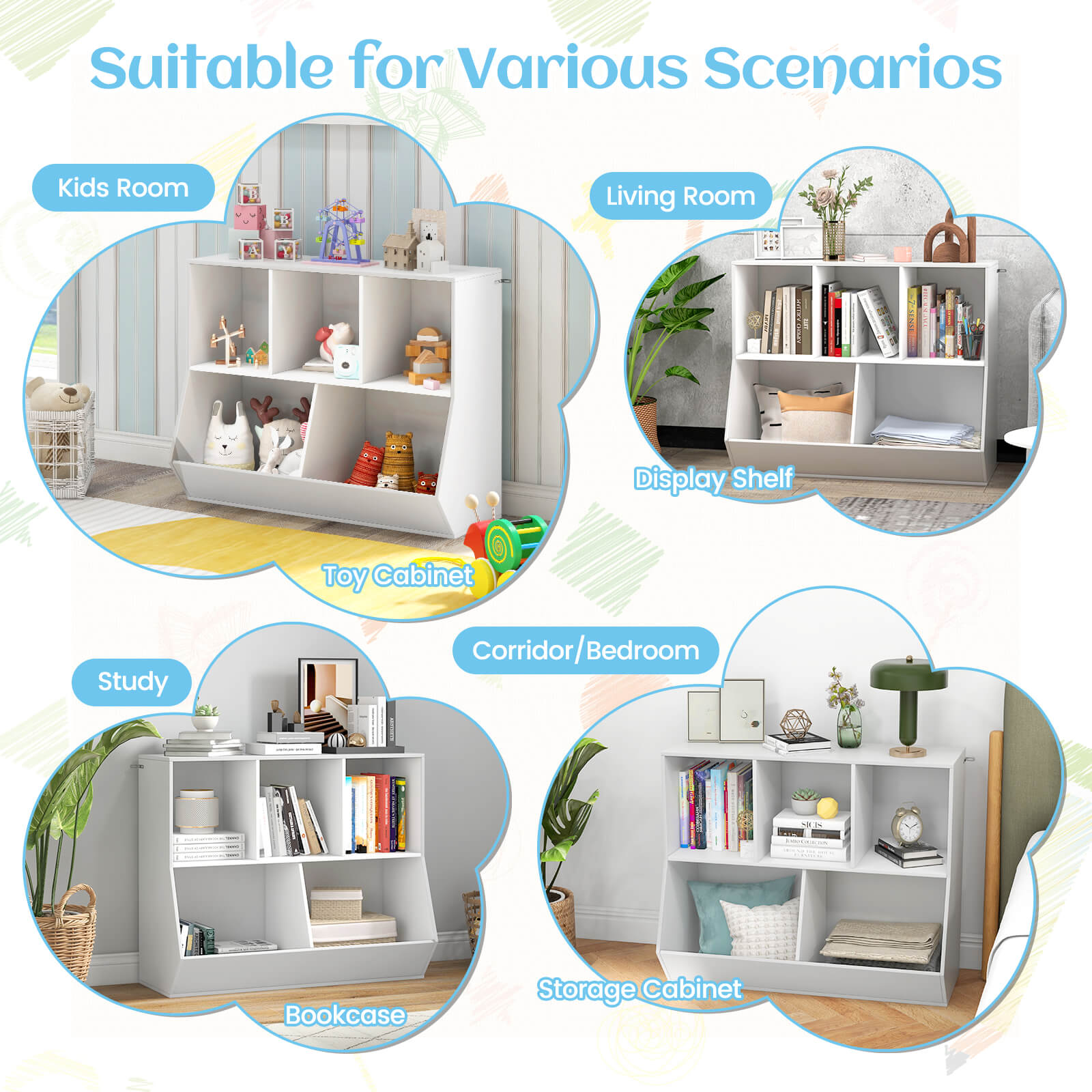 COSTWAY 5-Cubby Kids Toy Storage Organizer Wooden Bookshelf Display Cabinet White\u002FNatural