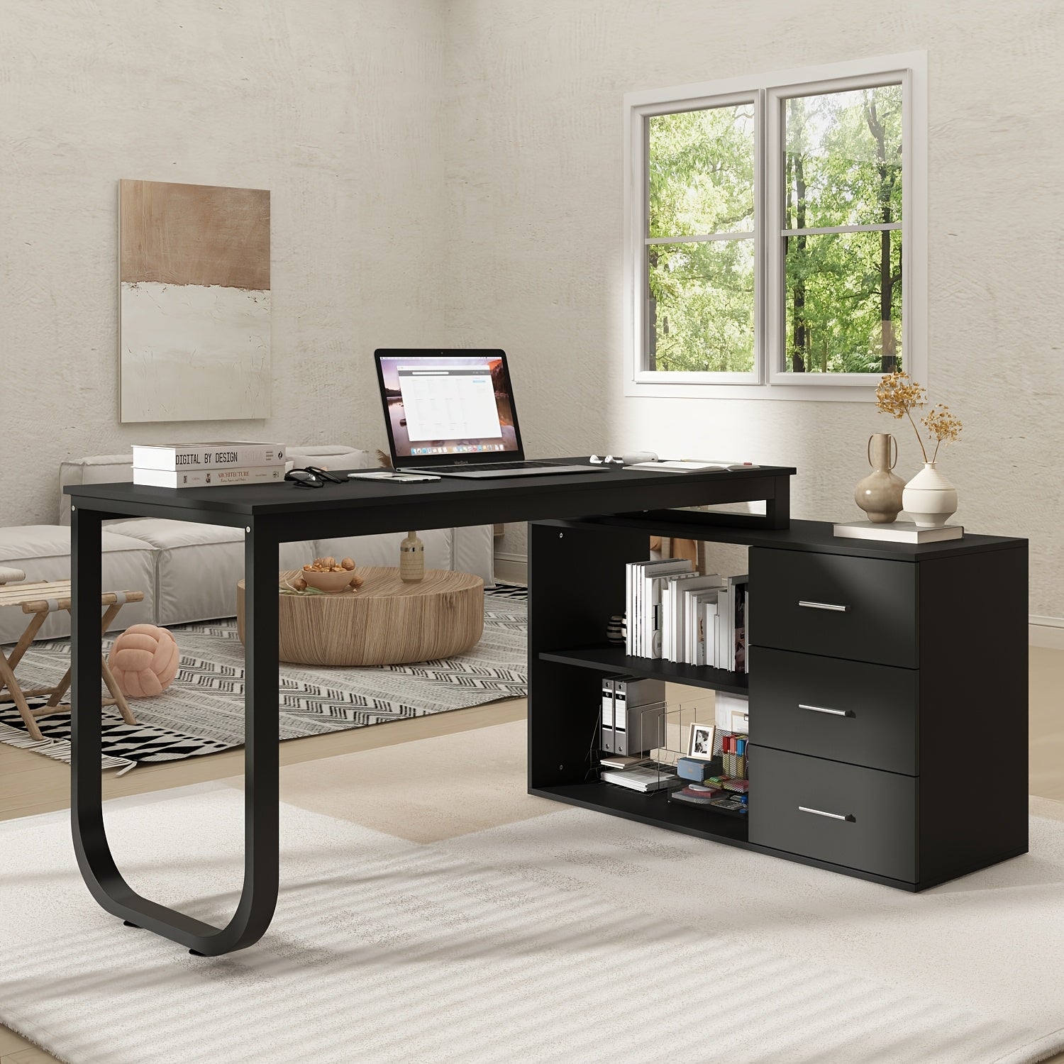 55'' W L-Shaped Home Office Computer Desk with Storage, Corner Office Desk with 3 Drawers & 2 Shelves, Workstation for Office, Study Room, Modern Design