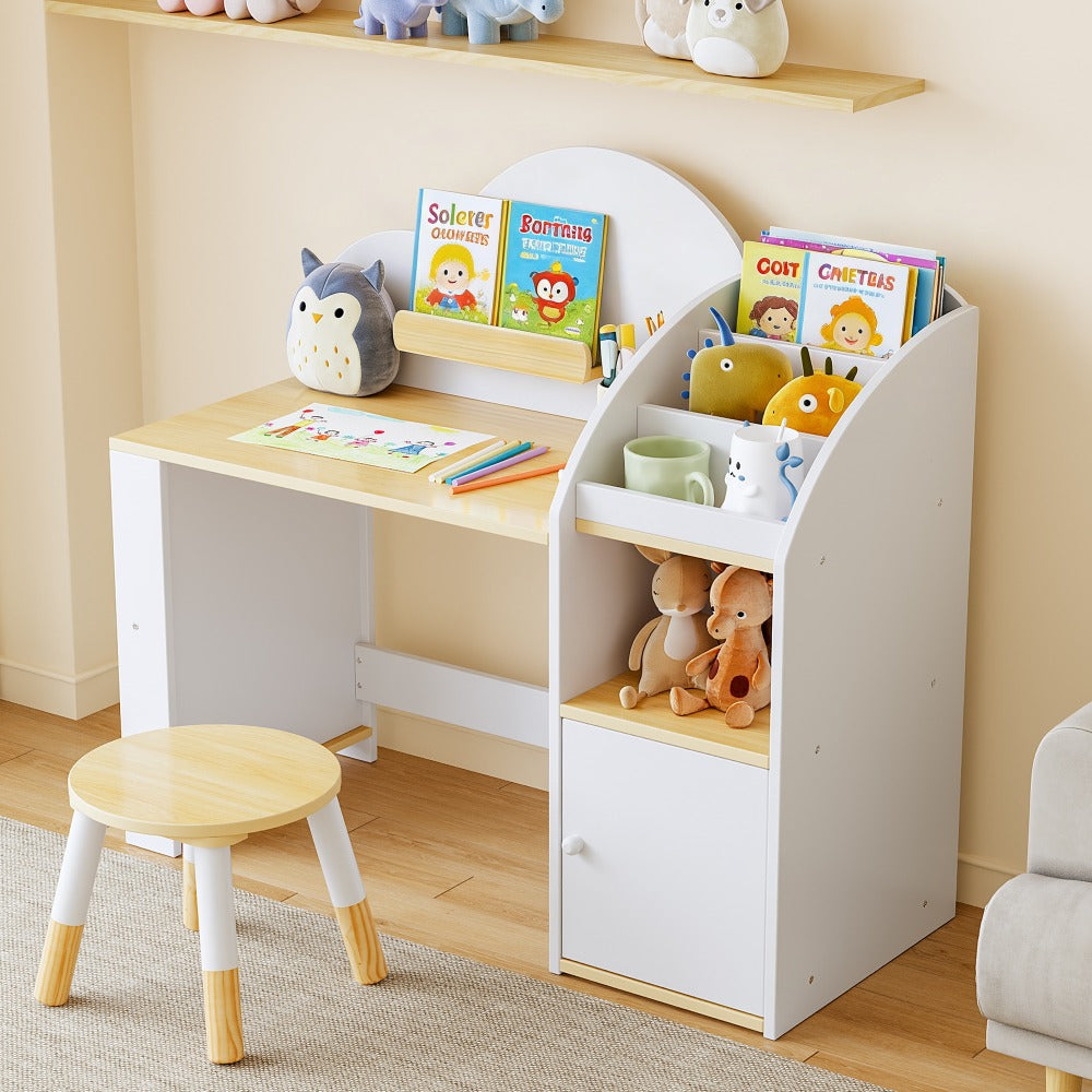 Kids Desk And Chair Set with Storage And 1 Stool, Wooden Kids Desk W\u002F 2 Storage Cabinets And Bookshelves, Children Writing Drawing Table, Student Kid Study Table for Boys, Girls
