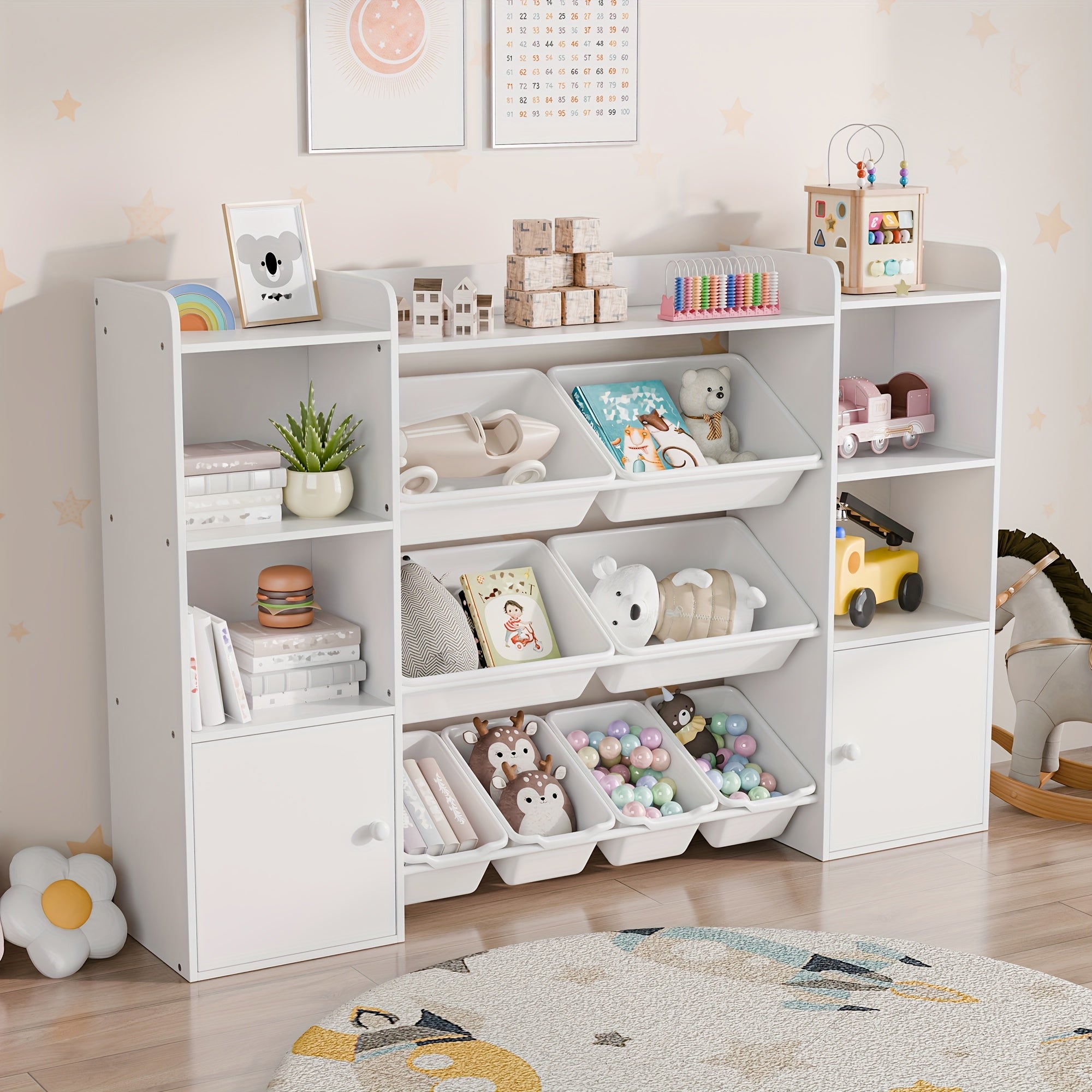 Kids Storage Organizer W\u002F8 Removable Bins, 4-Tier Organizers W\u002F6 Storage Cubbies, Kids Bookshelf And Storage for Playroom, Bedroom, Kids Room, Classroom