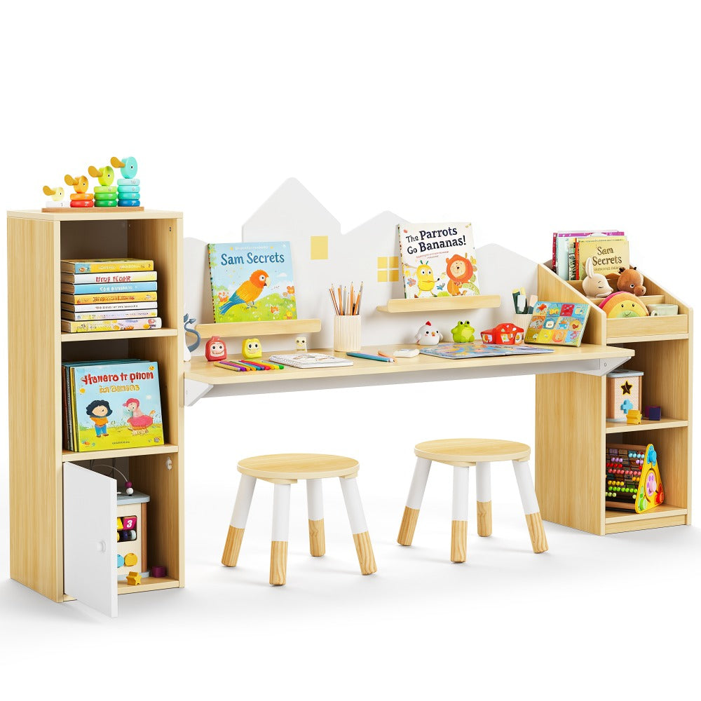 Kids Desk with Bookshelves And 2 Stools, Wooden Kids Desk And Chair Set with 5 Storage Cabinets, Children Writing Drawing Table, Student Kid Study Table for Ages 3-8, Bedroom, 71', Boys, Girls