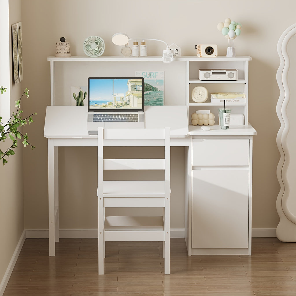 Contemporary Workstation Featuring Adjustable LED Lighting And a Flip-Top Surface, Includes a Drawer, Open Shelving, And a File Cabinet, Accompanied by a Stool, Designed with a Sleek And Minimalist Aesthetic in White