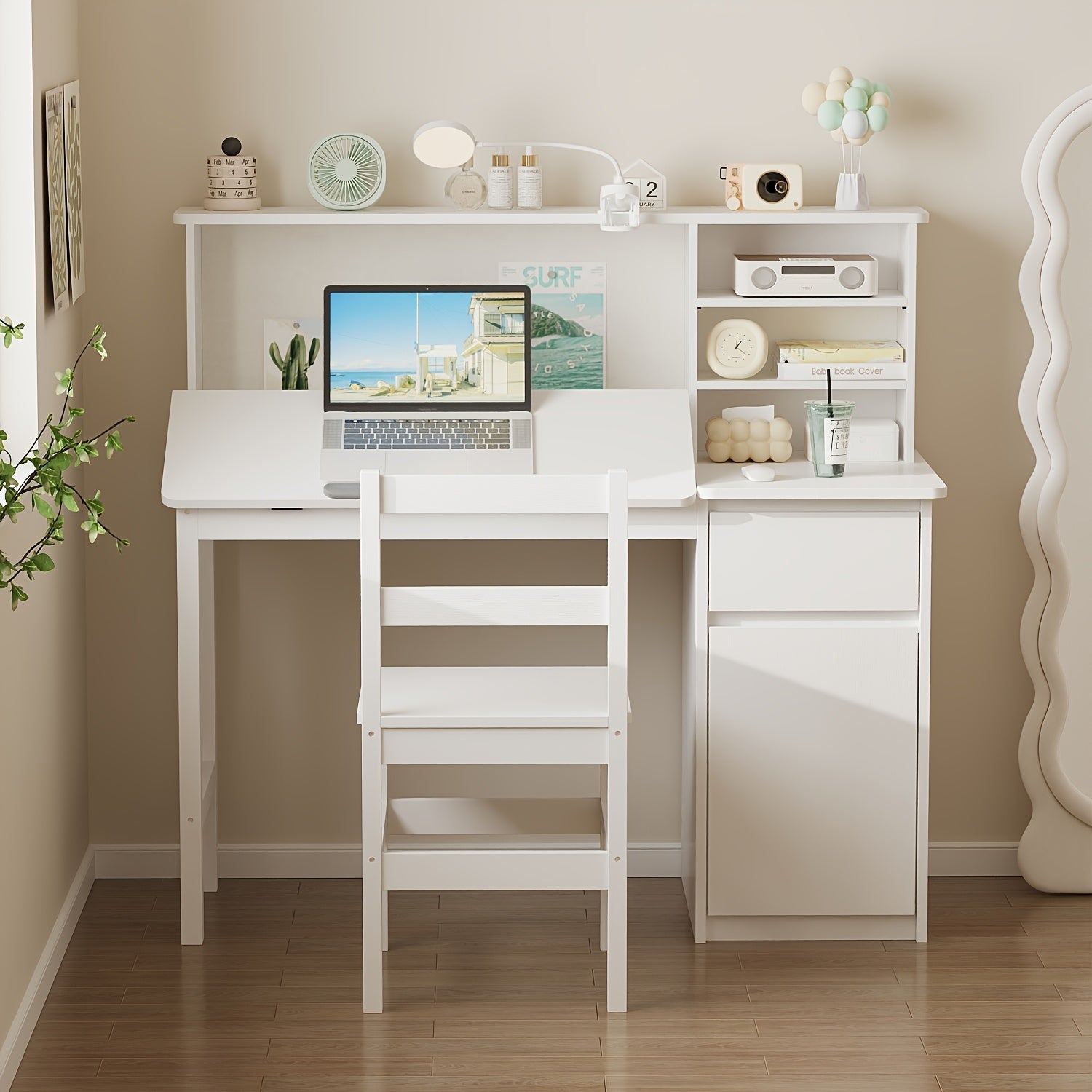 Contemporary Workstation Featuring Adjustable LED Lighting And a Flip-Top Surface, Includes a Drawer, Open Shelving, And a File Cabinet, Accompanied by a Stool, Designed with a Sleek And Minimalist Aesthetic in White