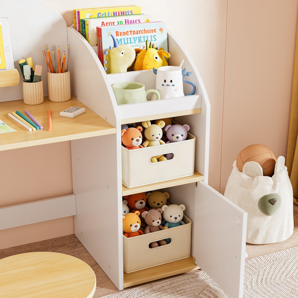 Kids Desk And Chair Set with Storage And 1 Stool, Wooden Kids Desk W\u002F 2 Storage Cabinets And Bookshelves, Children Writing Drawing Table, Student Kid Study Table for Boys, Girls