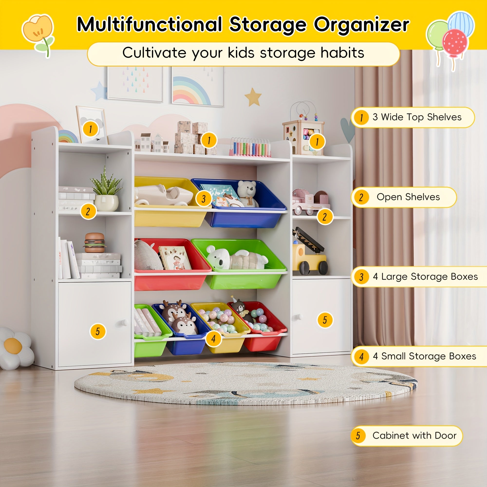 Kids Storage Organizer W\u002F8 Removable Bins, 4-Tier Organizers W\u002F6 Storage Cubbies, Kids Bookshelf And Storage for Playroom, Bedroom, Kids Room, Classroom