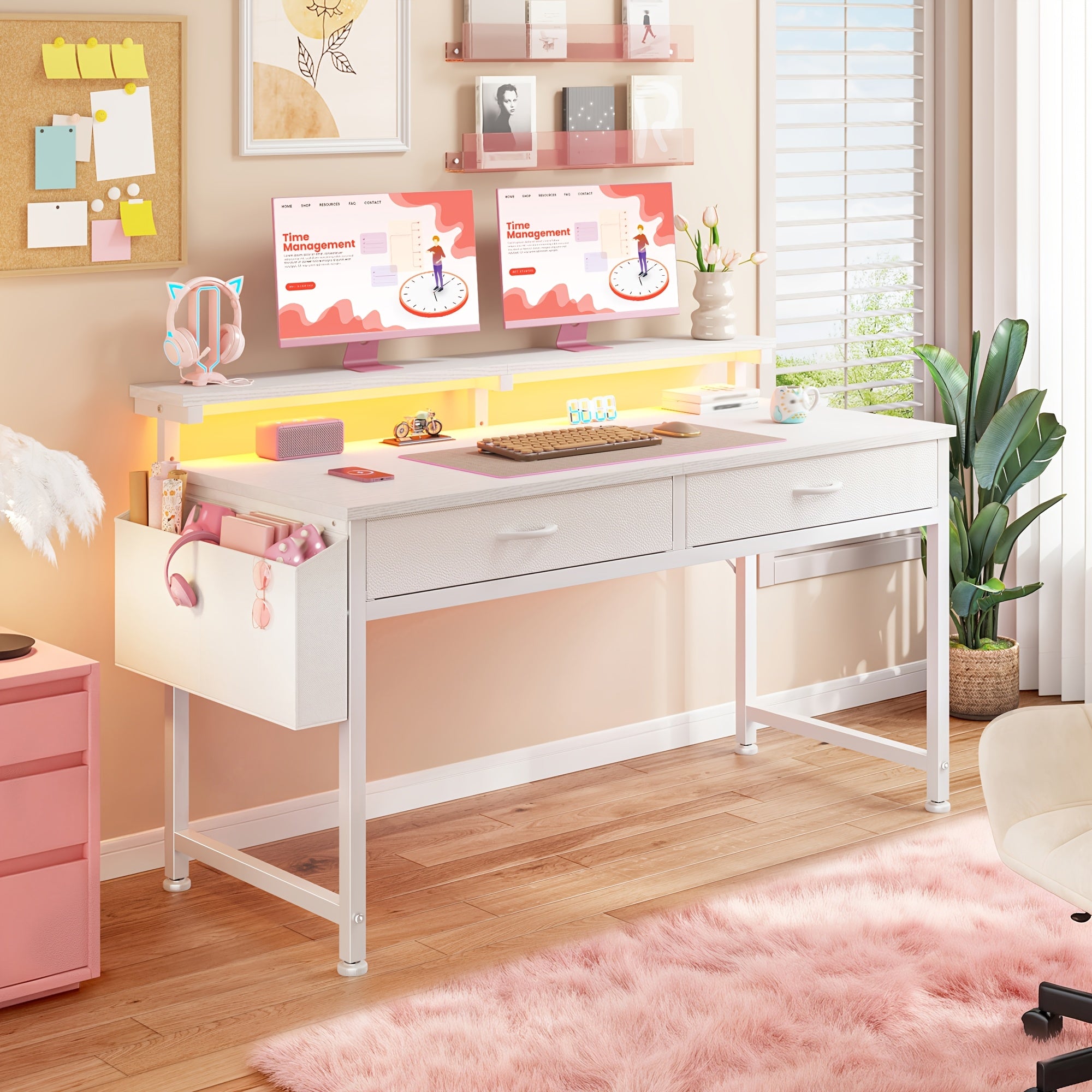 Desk with Drawer &Shelves, Gaming Desk, Home Office Suitable for Office, Desk - with LED Light, with Monitor Stand, Computer Desk, Desk Gaming, Gaming Desk, Desks for Home Office, Living Room, Easy Assembly, for Small Spaces