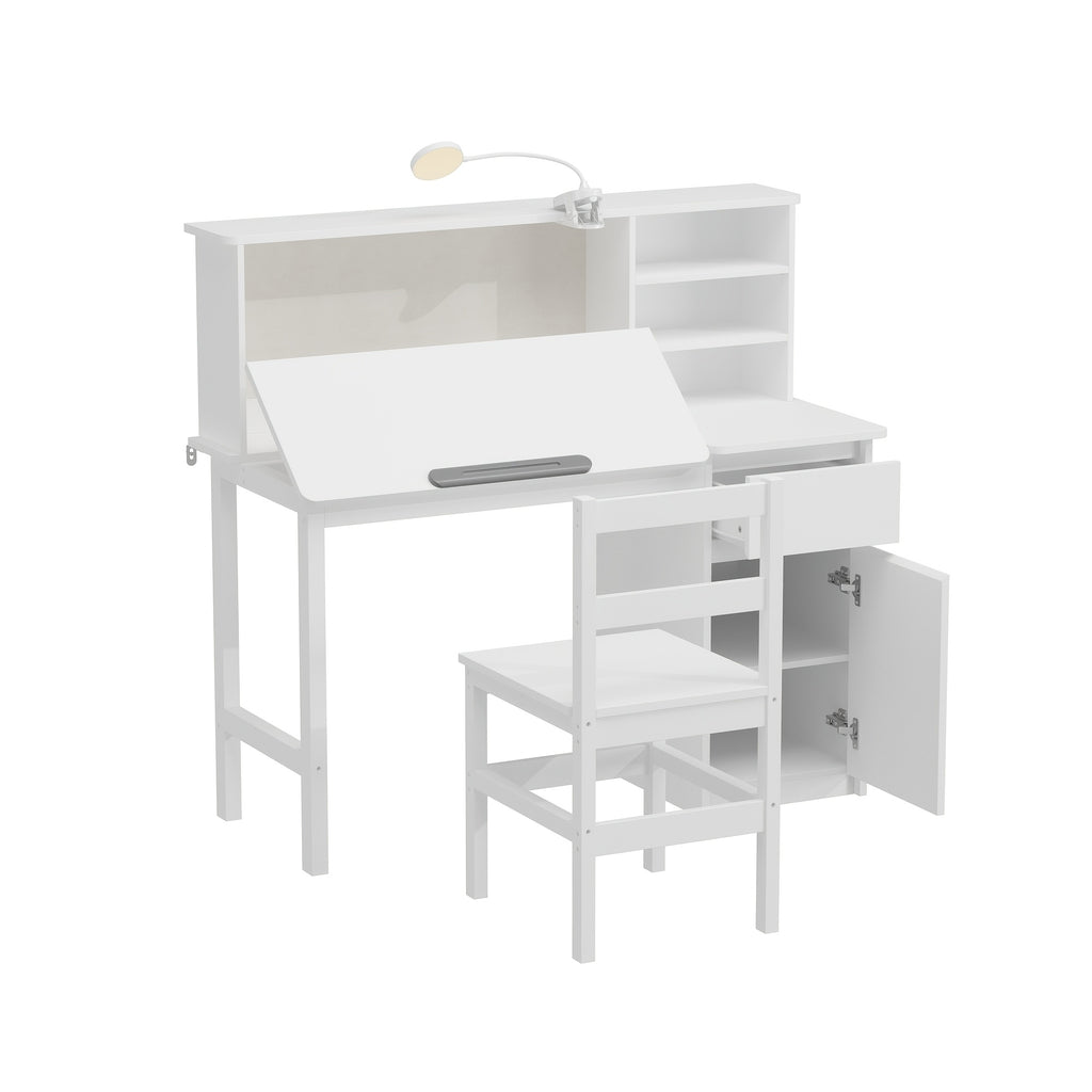 Contemporary Workstation Featuring Adjustable LED Lighting And a Flip-Top Surface, Includes a Drawer, Open Shelving, And a File Cabinet, Accompanied by a Stool, Designed with a Sleek And Minimalist Aesthetic in White