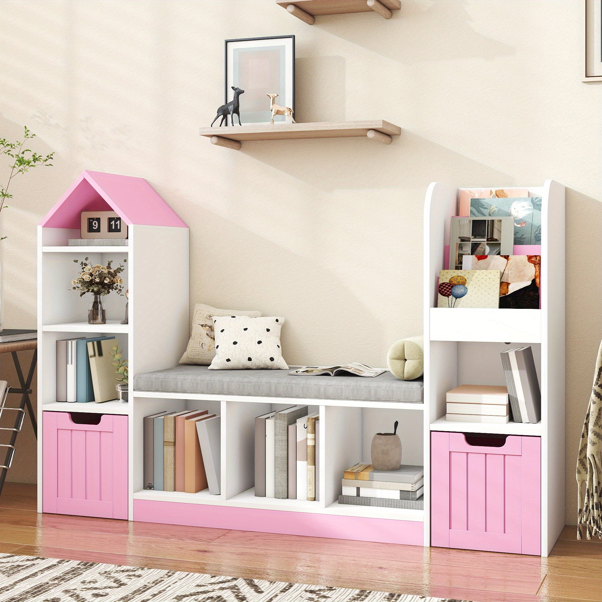 Nordic Style Bookcase with Reading Nook | Space-Saving Storage Cabinet with 7 Cubbies, 2 Movable Drawers & Seat Cushion, Multifunctional Organizer for Living Room, Bedroom, Office, Wood Color, Hardwood Material, VABCHES Brand