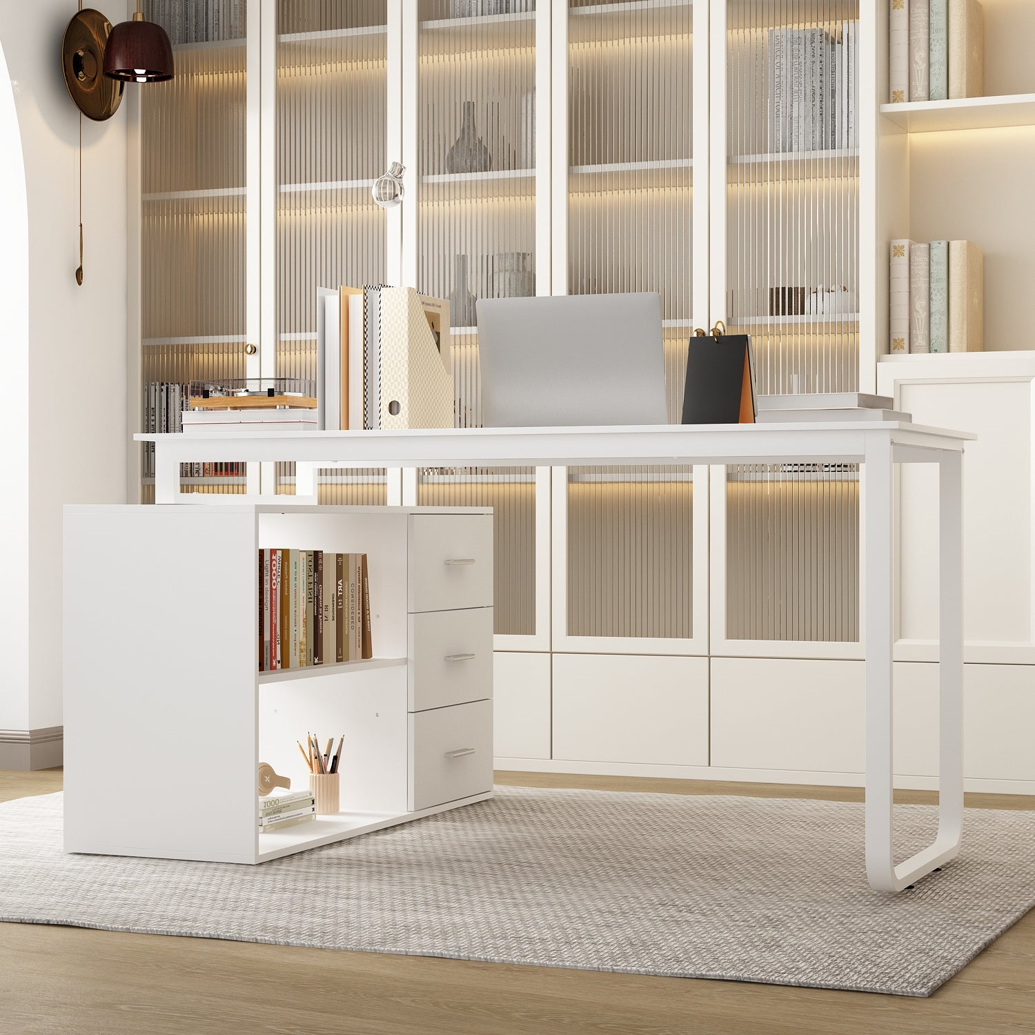 Modern L-Shaped Desk for Office Use Featuring Three Drawers And an Open Storage Shelf, with a Flexible Design Suitable for Both Computer And Administrative Tasks