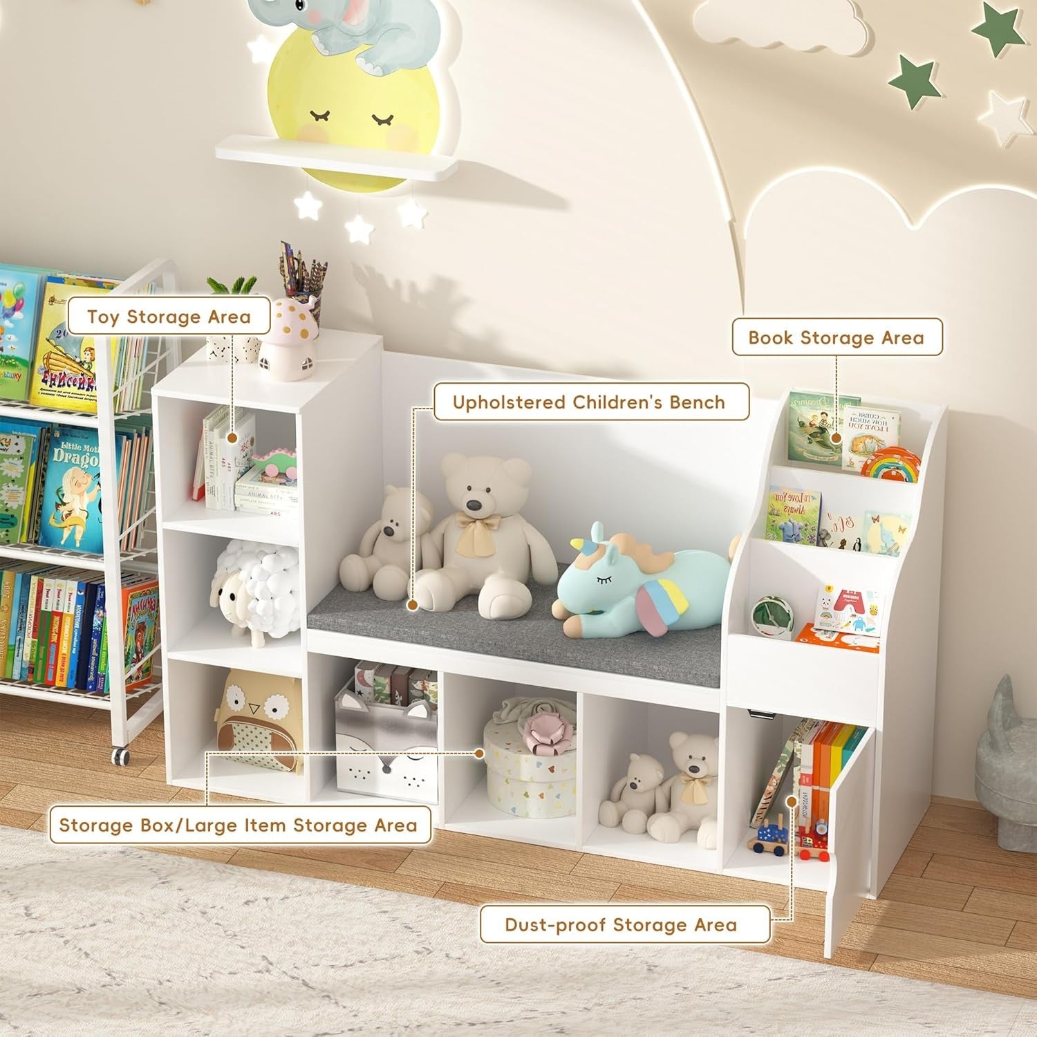 Bookshelf Featuring a Cozy Reading Area, Storage for Toys And Books, a Shelf with a Seat Cushion, And Seven Cubbies for Organizing in a Nursery, Bedroom, Or Playroom. Color: White