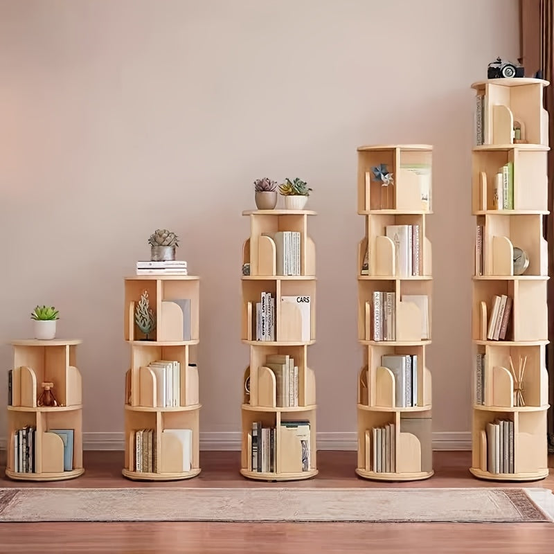 Solid Wood Rotating Bookshelf | 360-Degree Floor-Standing Small Home Bedroom Storage Rack for Picture Books, Wheat-Colored, Holds Approximately 75 Books, No Assembly Required