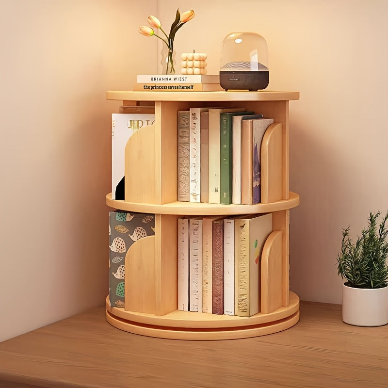 Solid Wood Rotating Bookshelf | 360-Degree Floor-Standing Small Home Bedroom Storage Rack for Picture Books, Wheat-Colored, Holds Approximately 75 Books, No Assembly Required