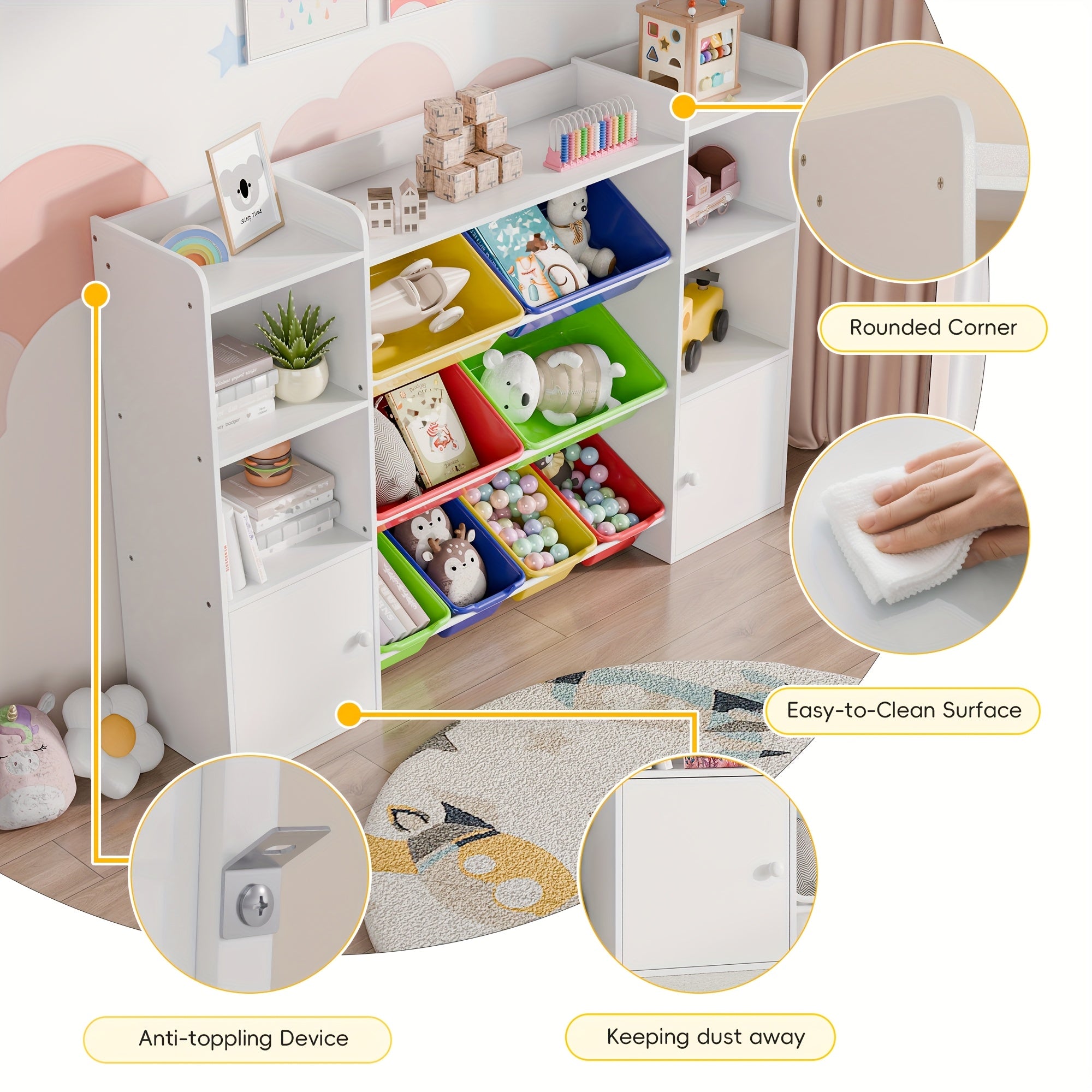 Kids Storage Organizer W\u002F8 Removable Bins, 4-Tier Organizers W\u002F6 Storage Cubbies, Kids Bookshelf And Storage for Playroom, Bedroom, Kids Room, Classroom