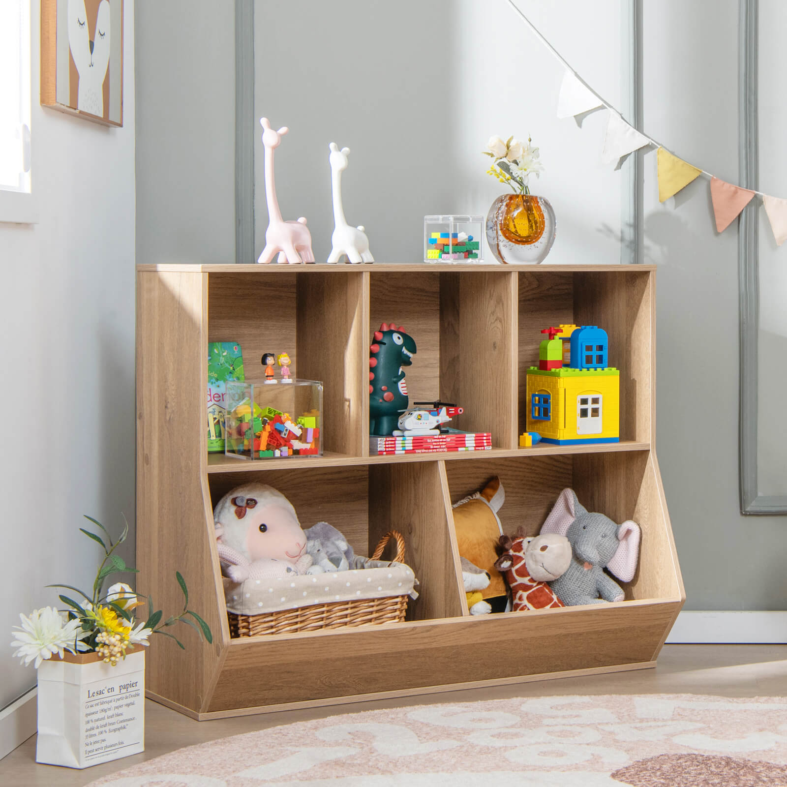 COSTWAY 5-Cubby Kids Toy Storage Organizer Wooden Bookshelf Display Cabinet White\u002FNatural