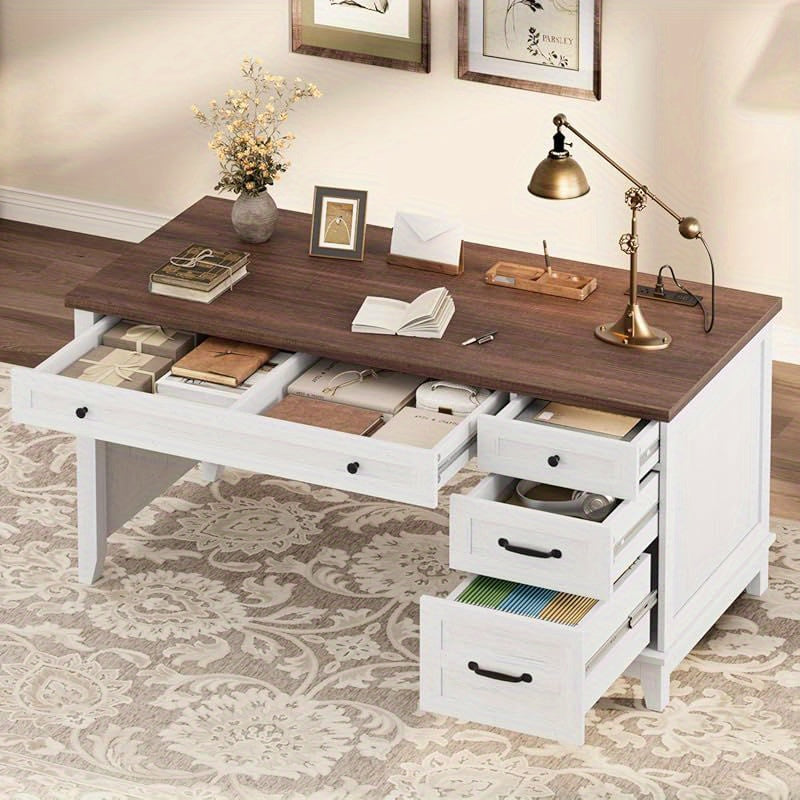53. 5 Inch Desk with Drawers, Home Office Desk, Executive Desk with Filing Cabinet, Computer Desk for Work, Study, Writing, Suitable for Bedroom, Study, Home Office