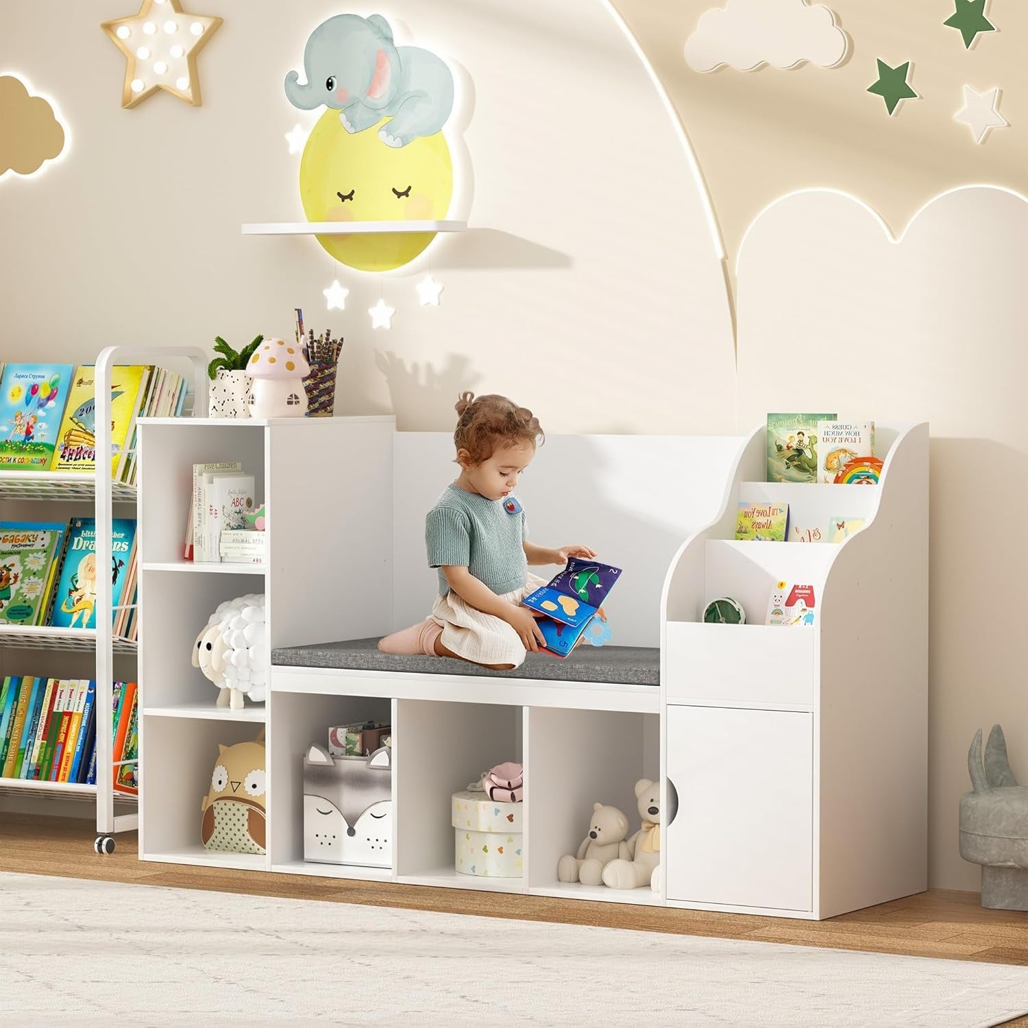 Bookshelf Featuring a Cozy Reading Area, Storage for Toys And Books, a Shelf with a Seat Cushion, And Seven Cubbies for Organizing in a Nursery, Bedroom, Or Playroom. Color: White