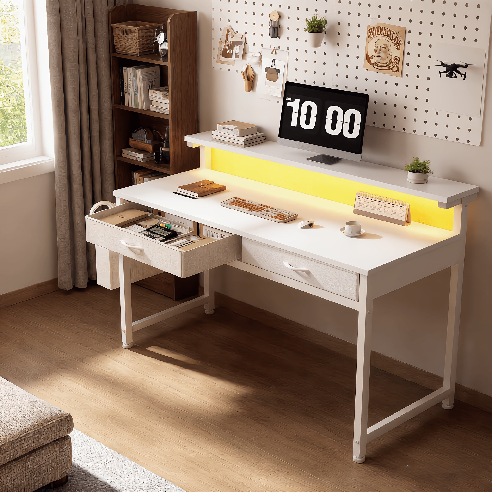 Desk with Drawer &Shelves, Gaming Desk, Home Office Suitable for Office, Desk - with LED Light, with Monitor Stand, Computer Desk, Desk Gaming, Gaming Desk, Desks for Home Office, Living Room, Easy Assembly, for Small Spaces