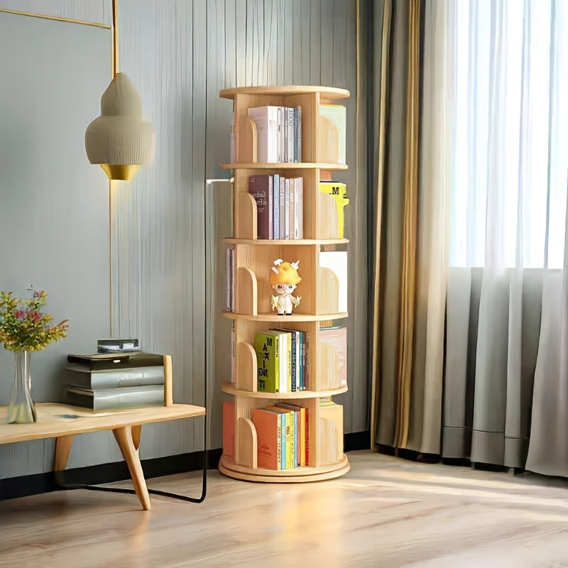 Solid Wood Rotating Bookshelf | 360-Degree Floor-Standing Small Home Bedroom Storage Rack for Picture Books, Wheat-Colored, Holds Approximately 75 Books, No Assembly Required