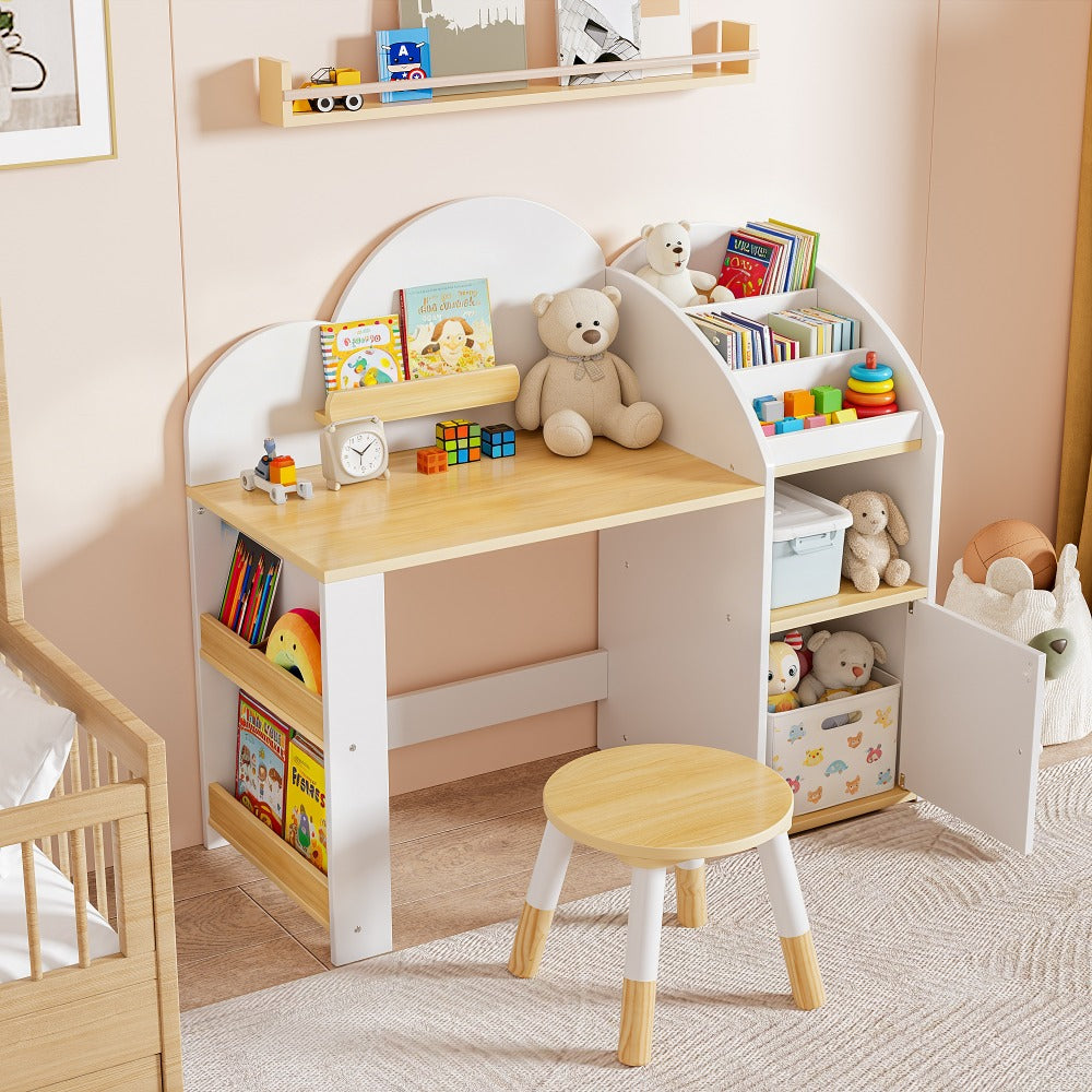 Kids Desk And Chair Set with Storage And 1 Stool, Wooden Kids Desk W\u002F 2 Storage Cabinets And Bookshelves, Children Writing Drawing Table, Student Kid Study Table for Boys, Girls