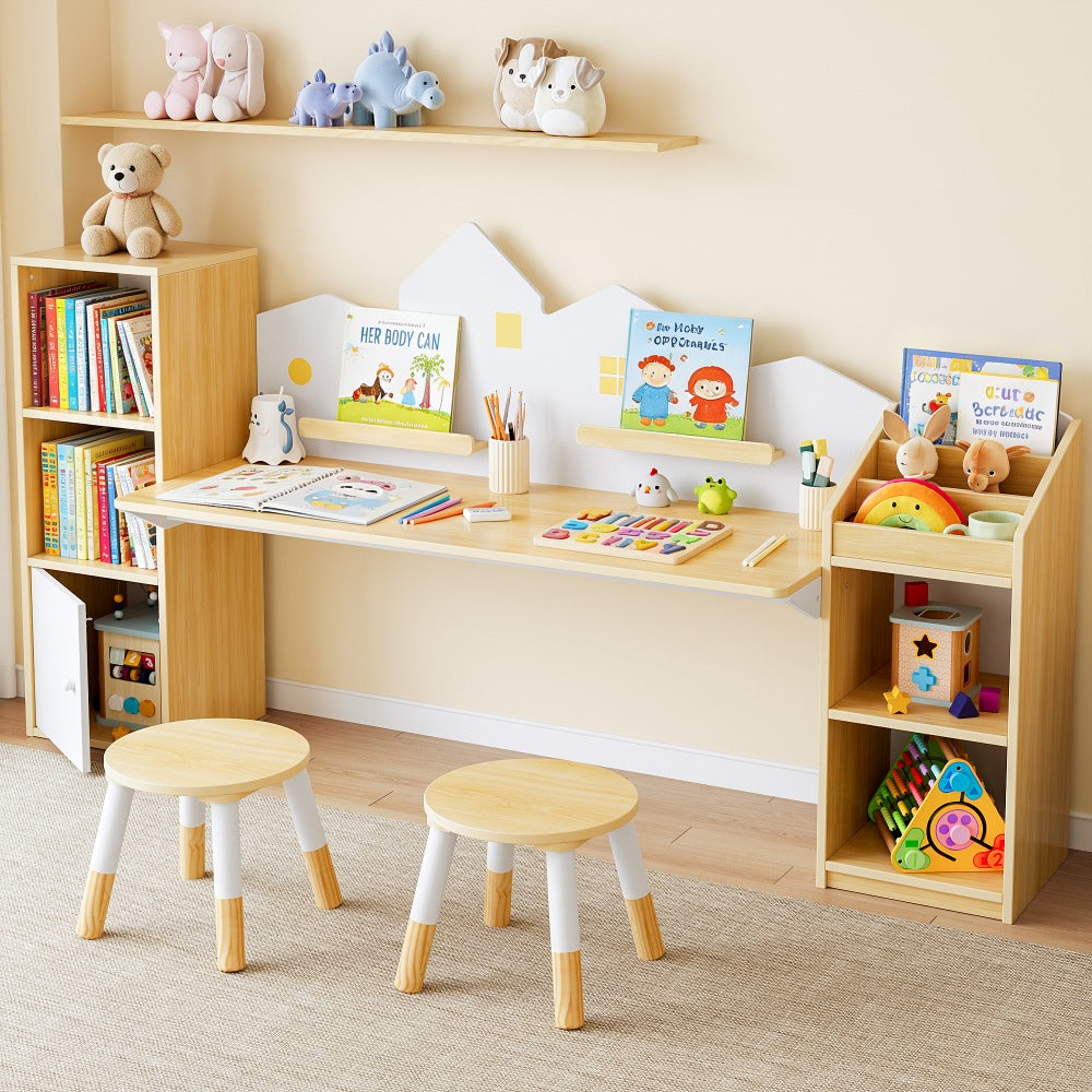 Kids Desk with Bookshelves And 2 Stools, Wooden Kids Desk And Chair Set with 5 Storage Cabinets, Children Writing Drawing Table, Student Kid Study Table for Ages 3-8, Bedroom, 71', Boys, Girls