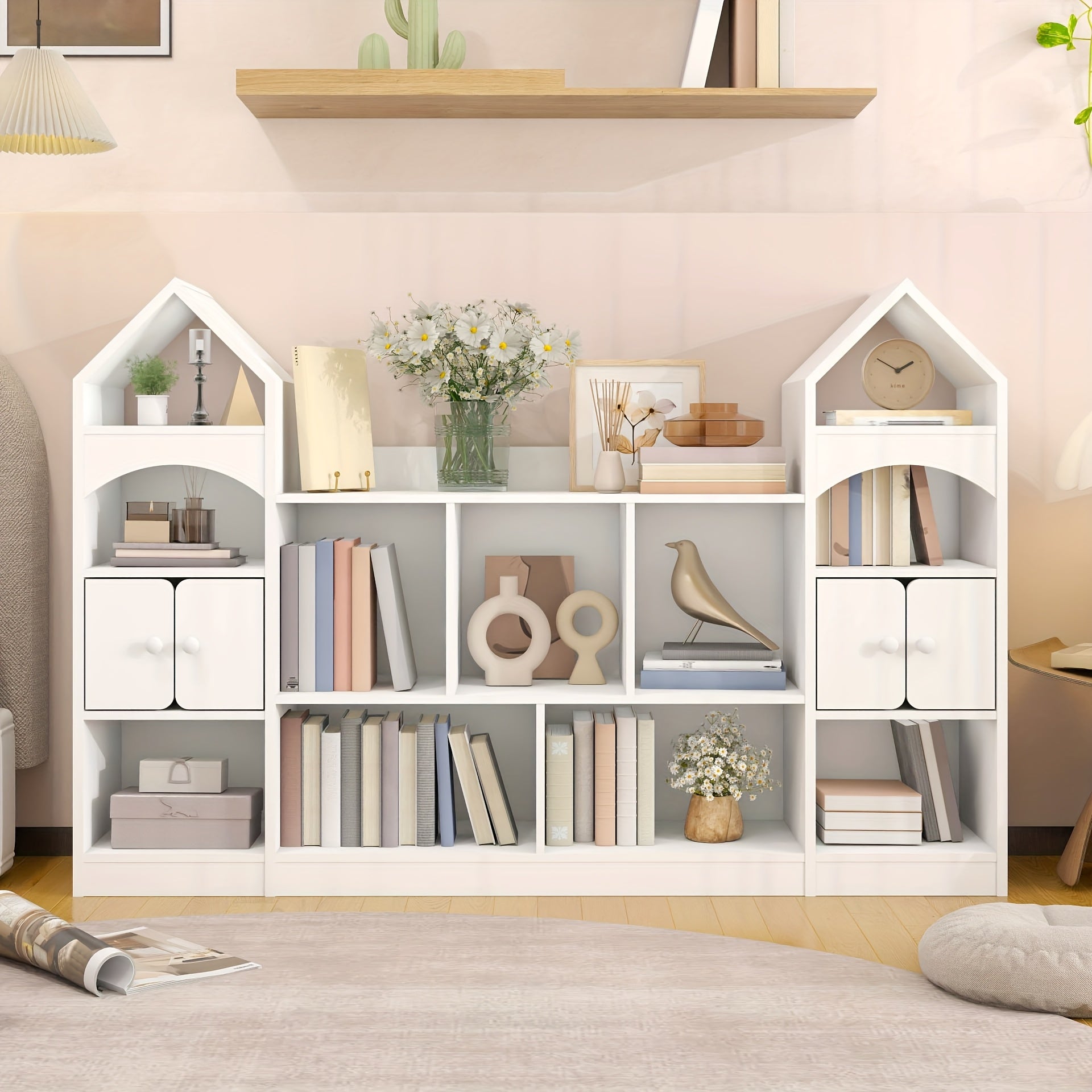 A Storage Cabinet And Bookcase Designed Like a Castle, This Versatile Organizer Shelf Is Perfect for Keeping Books And Everyday Items. Featuring a Magical Castle Design in a Sleek White End