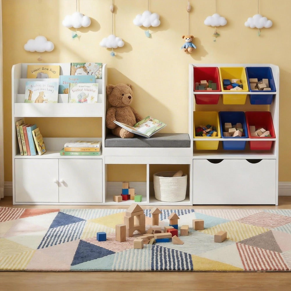 Kids Bookshelf with Reading Nook & Storage Bench, 73' Toy Organizer with Movable Drawer & 6 Removable Bins, Reading Corner Furniture for Playroom (White Toy Bins)