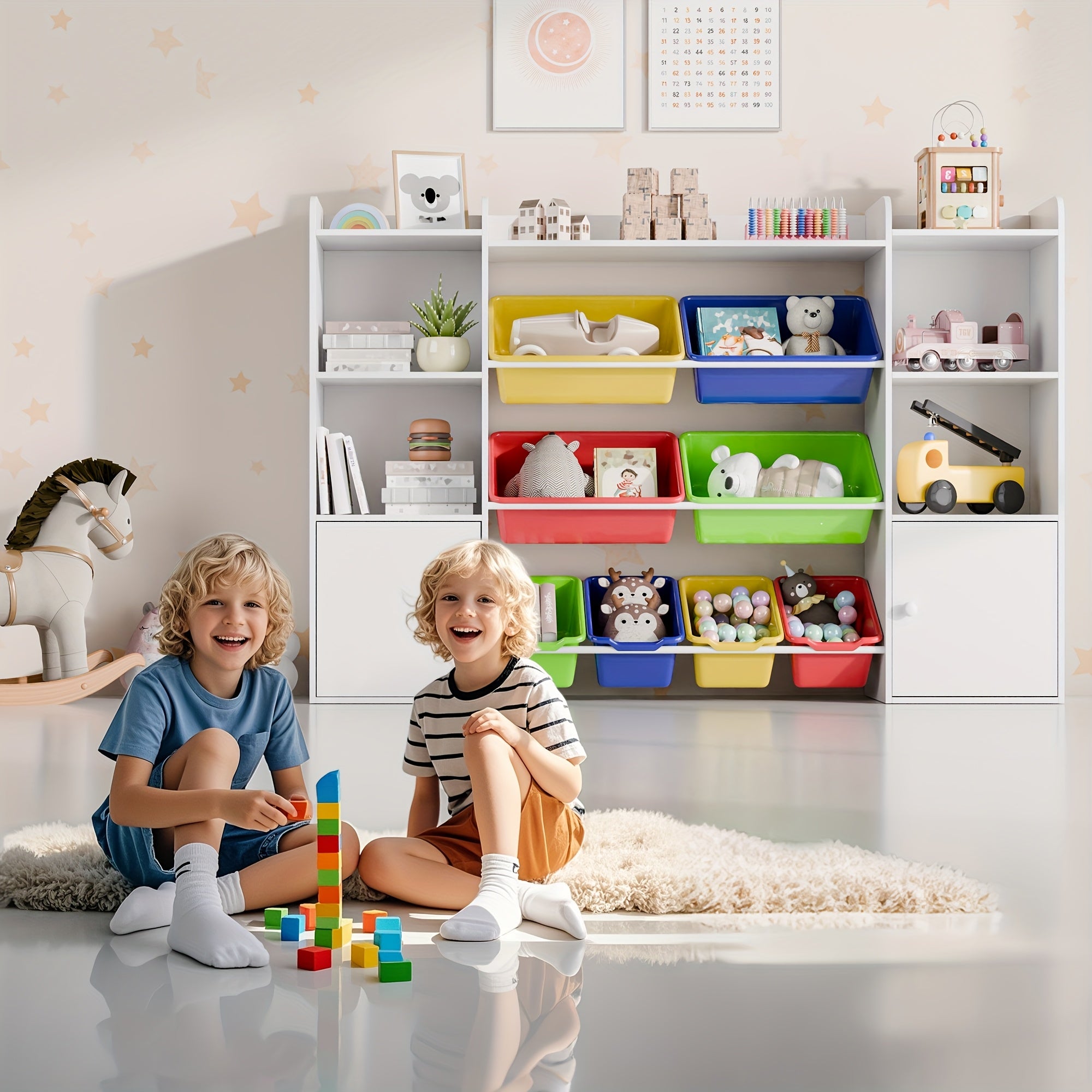 Kids Storage Organizer W\u002F8 Removable Bins, 4-Tier Organizers W\u002F6 Storage Cubbies, Kids Bookshelf And Storage for Playroom, Bedroom, Kids Room, Classroom