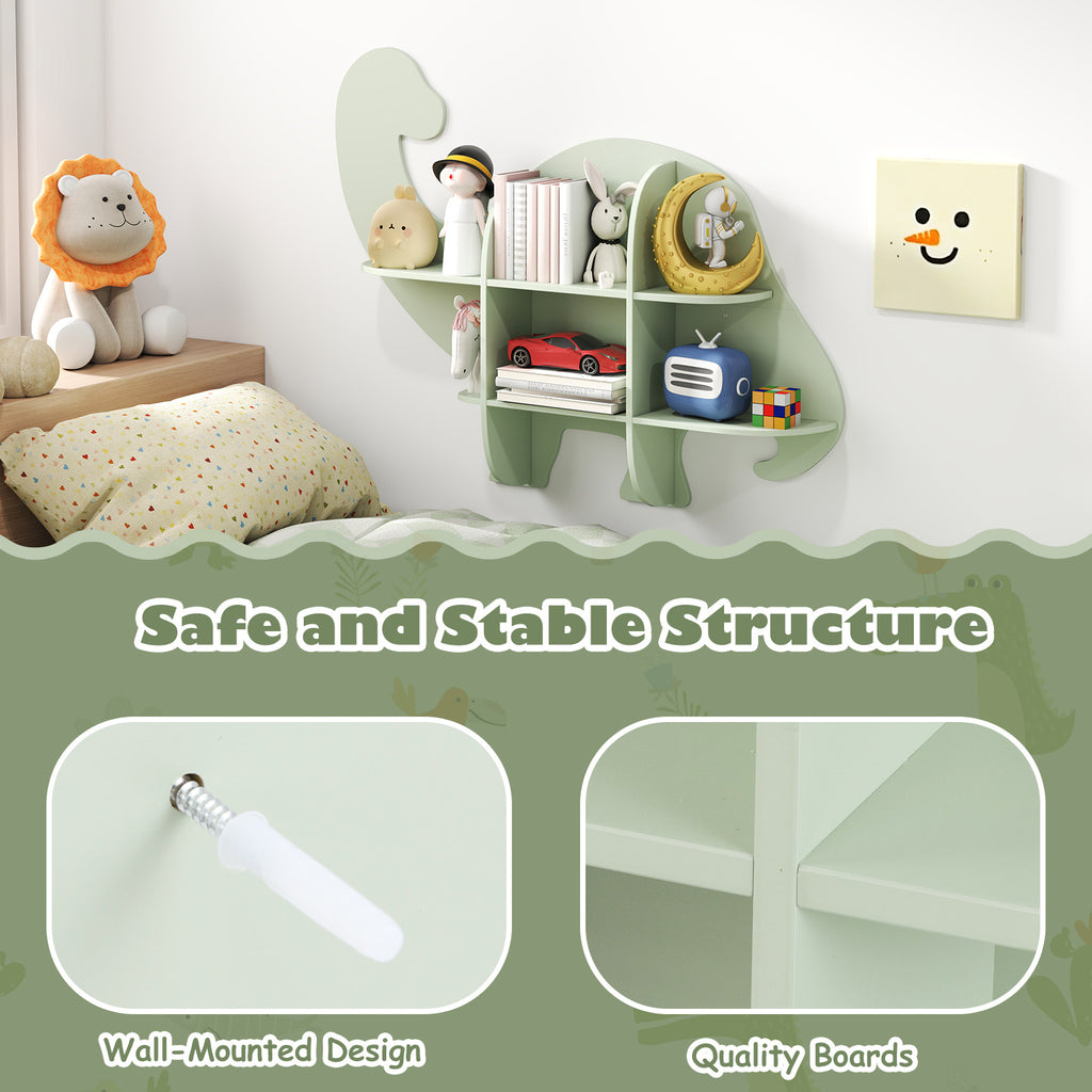 COSTWAY Dinosaur Kids Bookshelf Wall-Mounted 2-Tier MDF Hanging Bookcase with Dinosaur-Shaped Top Shelf, Space-Saving Nursery Shelf for Room, Playroom, Kindergarten - Rounded Corners & Non-Slip Pads Suitable for Kids Age 3+