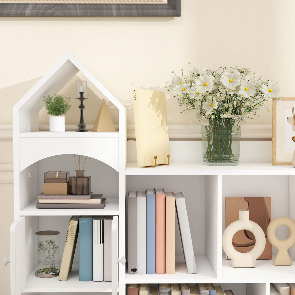 A Storage Cabinet And Bookcase Designed Like a Castle, This Versatile Organizer Shelf Is Perfect for Keeping Books And Everyday Items. Featuring a Magical Castle Design in a Sleek White End