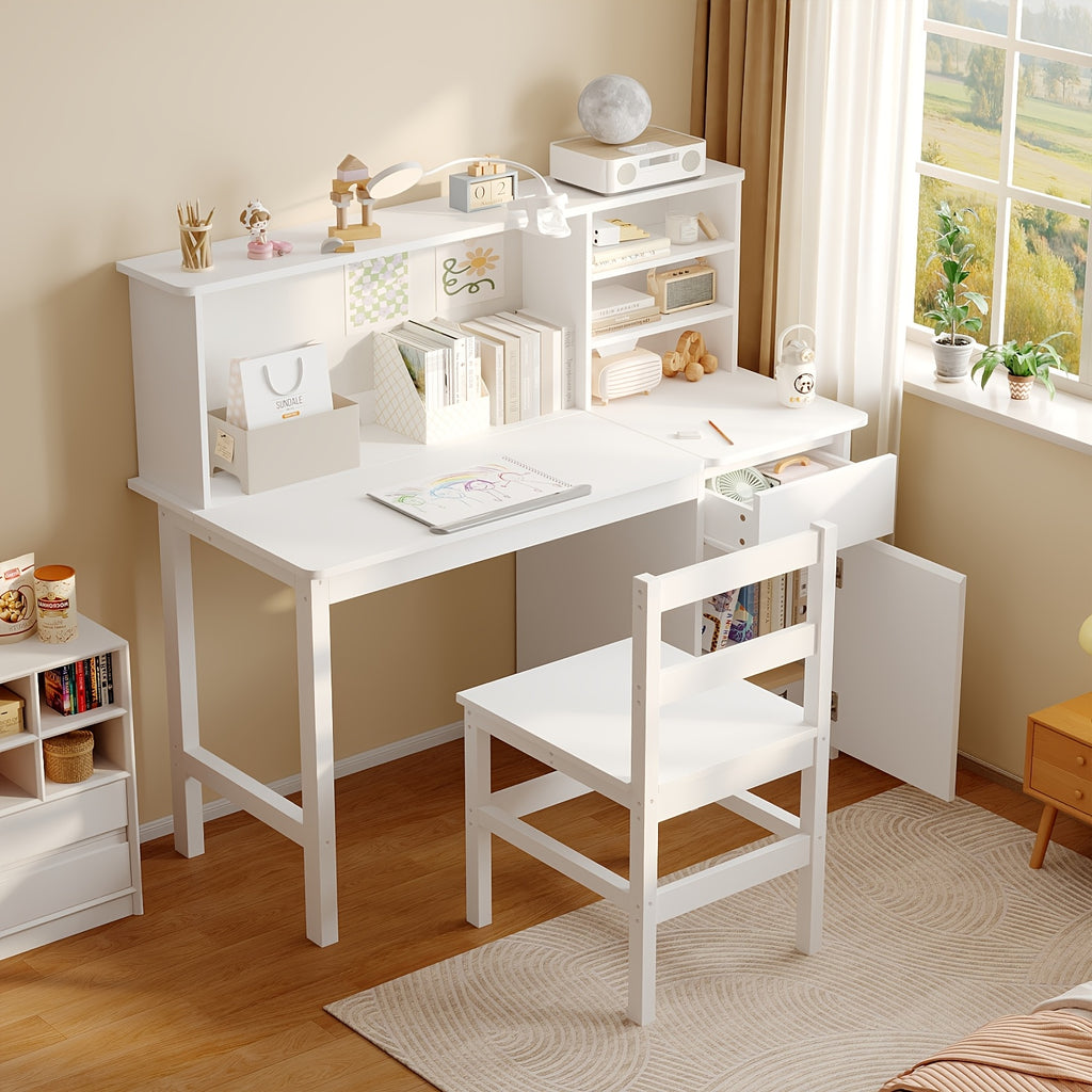 Contemporary Workstation Featuring Adjustable LED Lighting And a Flip-Top Surface, Includes a Drawer, Open Shelving, And a File Cabinet, Accompanied by a Stool, Designed with a Sleek And Minimalist Aesthetic in White