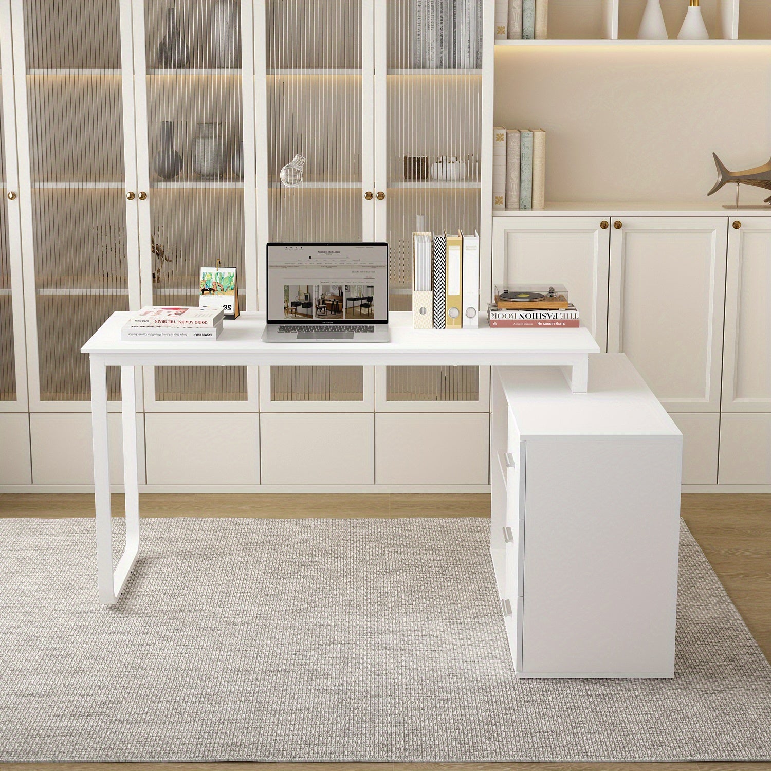 Modern L-Shaped Desk for Office Use Featuring Three Drawers And an Open Storage Shelf, with a Flexible Design Suitable for Both Computer And Administrative Tasks