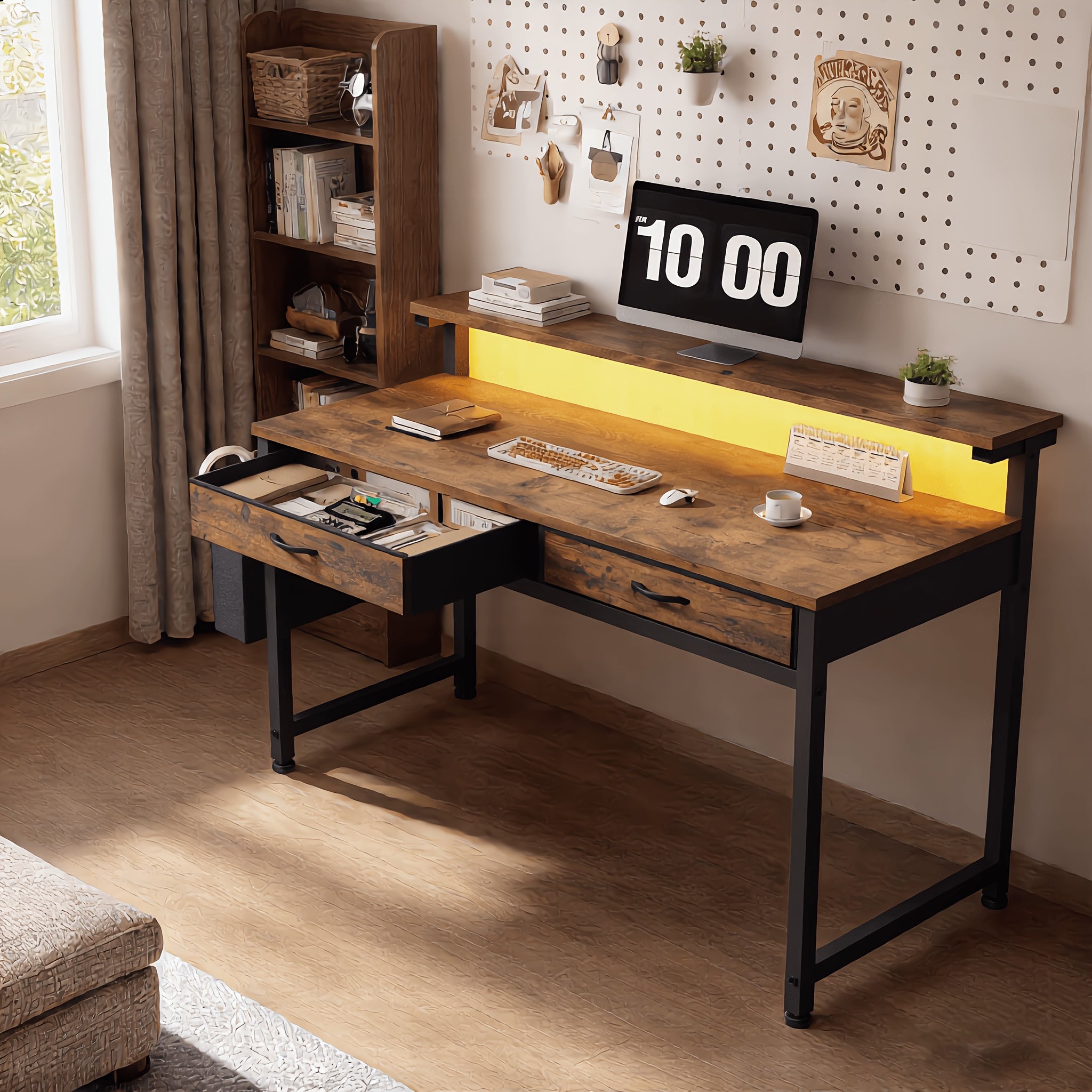 Desk with Drawer &Shelves, Gaming Desk, Home Office Suitable for Office, Desk - with LED Light, with Monitor Stand, Computer Desk, Desk Gaming, Gaming Desk, Desks for Home Office, Living Room, Easy Assembly, for Small Spaces