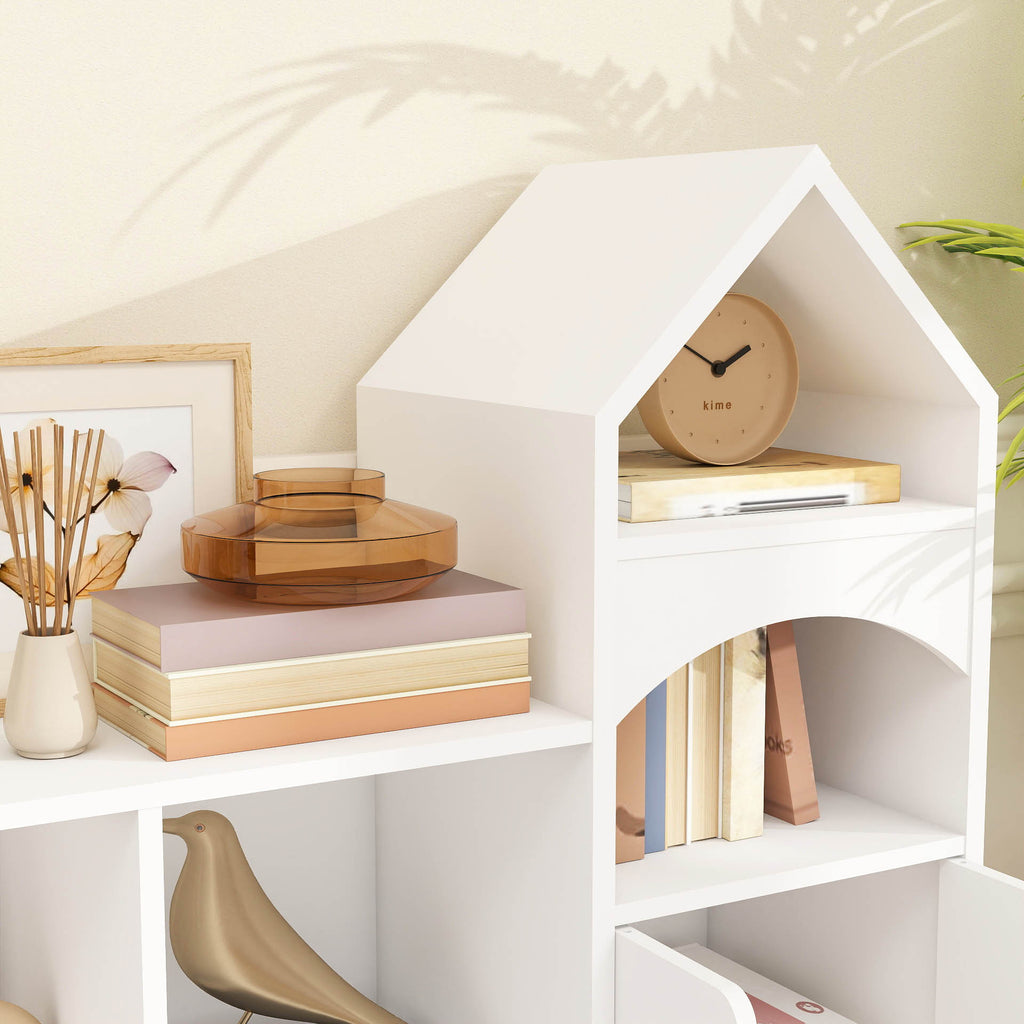 A Storage Cabinet And Bookcase Designed Like a Castle, This Versatile Organizer Shelf Is Perfect for Keeping Books And Everyday Items. Featuring a Magical Castle Design in a Sleek White End