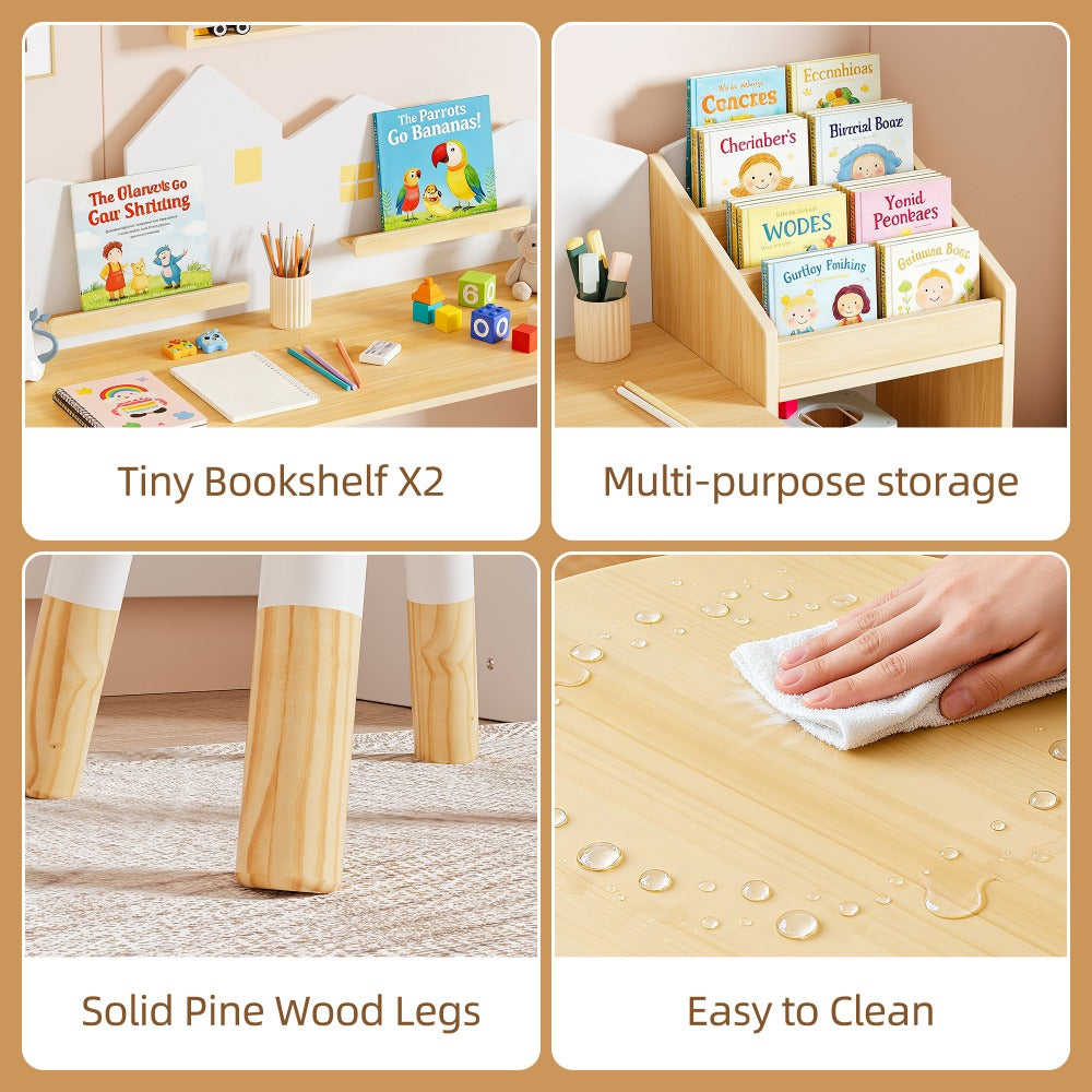 Kids Desk with Bookshelves And 2 Stools, Wooden Kids Desk And Chair Set with 5 Storage Cabinets, Children Writing Drawing Table, Student Kid Study Table for Ages 3-8, Bedroom, 71', Boys, Girls