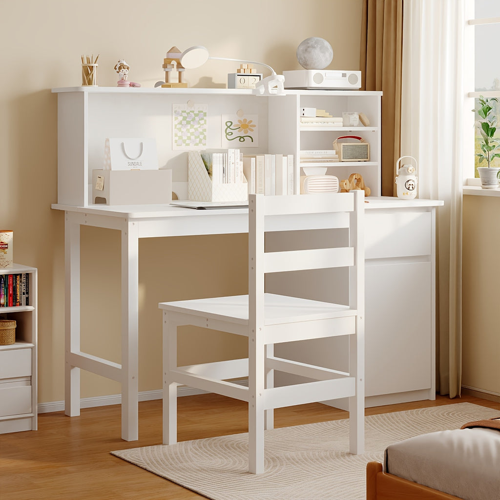 Contemporary Workstation Featuring Adjustable LED Lighting And a Flip-Top Surface, Includes a Drawer, Open Shelving, And a File Cabinet, Accompanied by a Stool, Designed with a Sleek And Minimalist Aesthetic in White