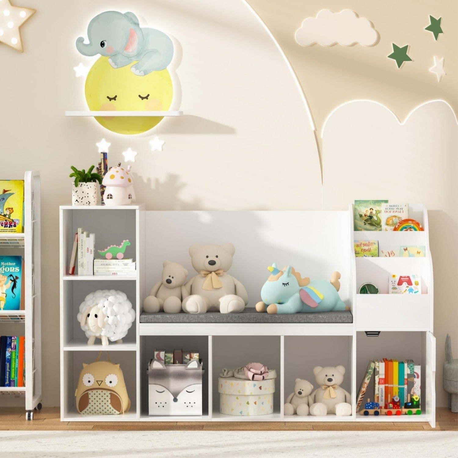 Bookshelf Featuring a Cozy Reading Area, Storage for Toys And Books, a Shelf with a Seat Cushion, And Seven Cubbies for Organizing in a Nursery, Bedroom, Or Playroom. Color: White