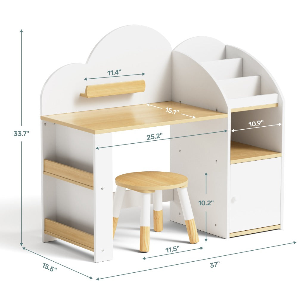 Kids Desk And Chair Set with Storage And 1 Stool, Wooden Kids Desk W\u002F 2 Storage Cabinets And Bookshelves, Children Writing Drawing Table, Student Kid Study Table for Boys, Girls