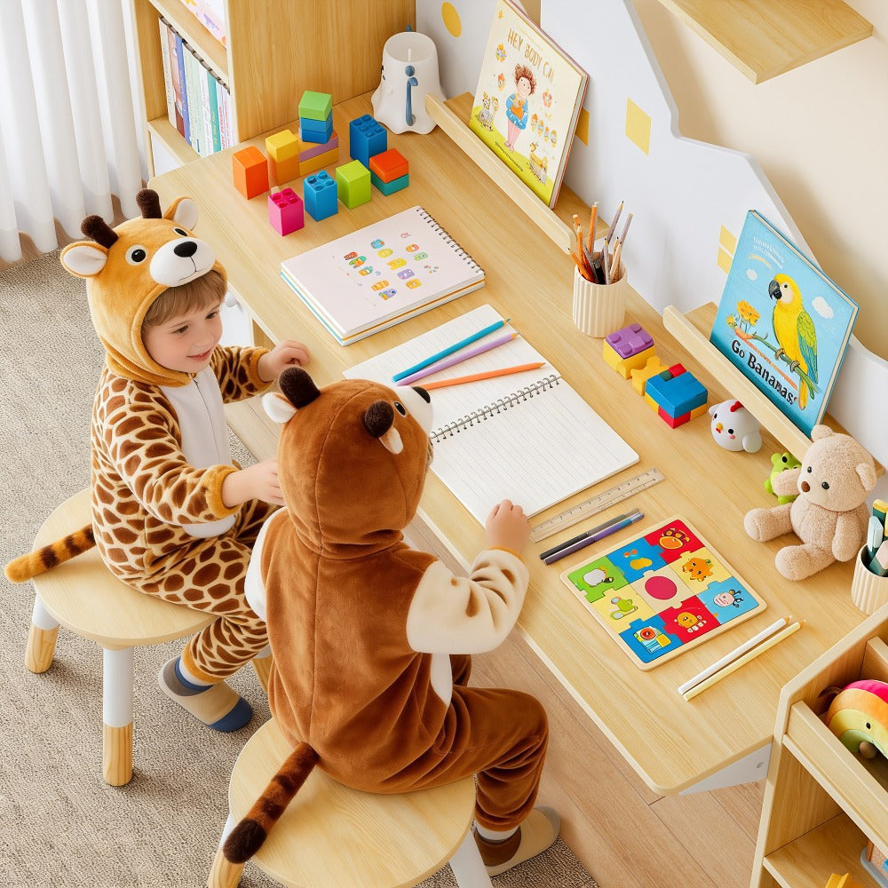 Kids Desk with Bookshelves And 2 Stools, Wooden Kids Desk And Chair Set with 5 Storage Cabinets, Children Writing Drawing Table, Student Kid Study Table for Ages 3-8, Bedroom, 71', Boys, Girls