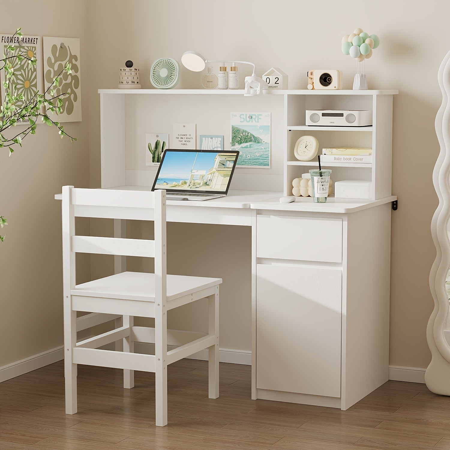 Contemporary Workstation Featuring Adjustable LED Lighting And a Flip-Top Surface, Includes a Drawer, Open Shelving, And a File Cabinet, Accompanied by a Stool, Designed with a Sleek And Minimalist Aesthetic in White
