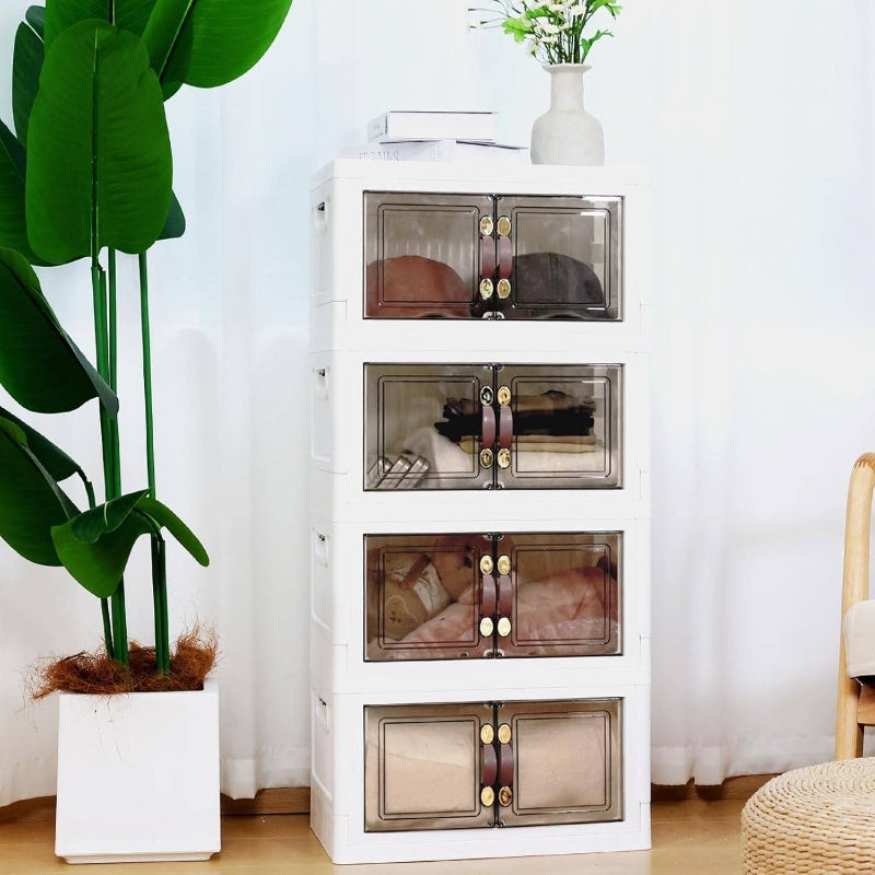 4pcs 140QT Stackable Plastic Storage Bins with Lids and Handles | Foldable Collapsible Closet Organizer with Magnetic and Side Locking, Ideal for Living Room, Office, Garages, Storage Boxes for Organizing