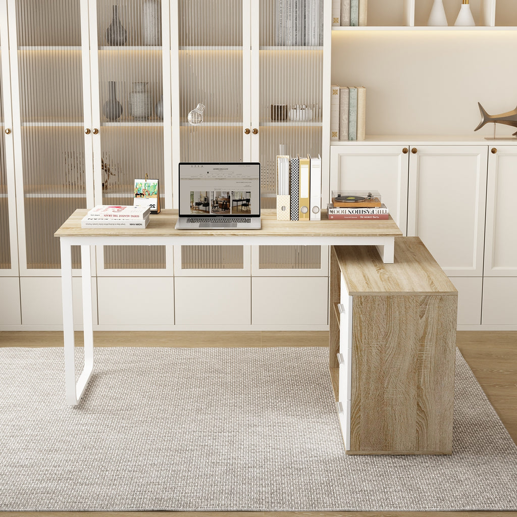 Modern L-Shaped Desk for Office Use Featuring Three Drawers And an Open Storage Shelf, with a Flexible Design Suitable for Both Computer And Administrative Tasks