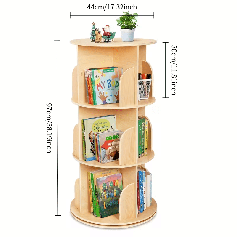 Solid Wood Rotating Bookshelf | 360-Degree Floor-Standing Small Home Bedroom Storage Rack for Picture Books, Wheat-Colored, Holds Approximately 75 Books, No Assembly Required