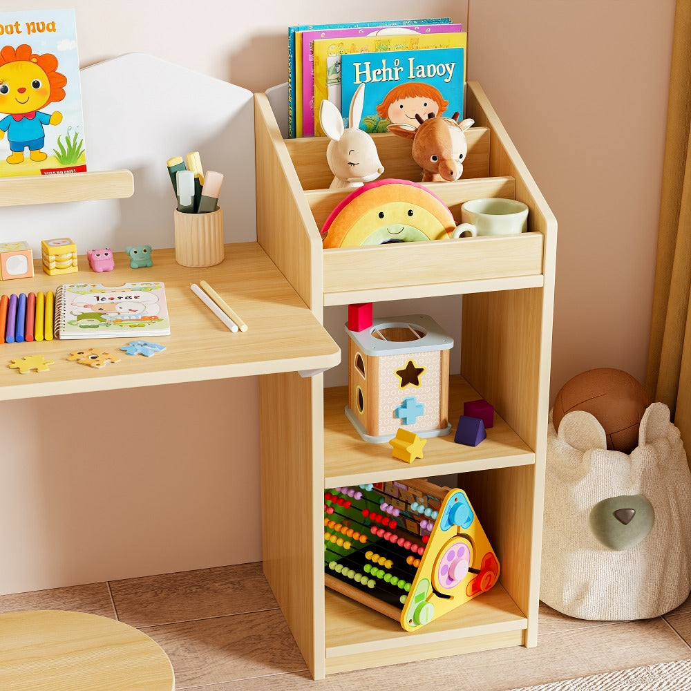 Kids Desk with Bookshelves And 2 Stools, Wooden Kids Desk And Chair Set with 5 Storage Cabinets, Children Writing Drawing Table, Student Kid Study Table for Ages 3-8, Bedroom, 71', Boys, Girls