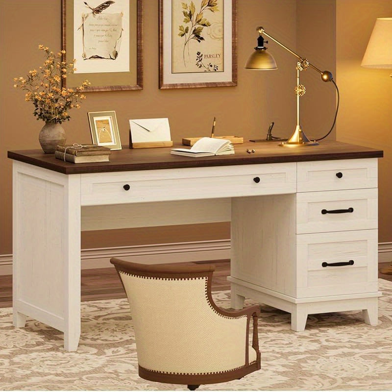 53. 5 Inch Desk with Drawers, Home Office Desk, Executive Desk with Filing Cabinet, Computer Desk for Work, Study, Writing, Suitable for Bedroom, Study, Home Office