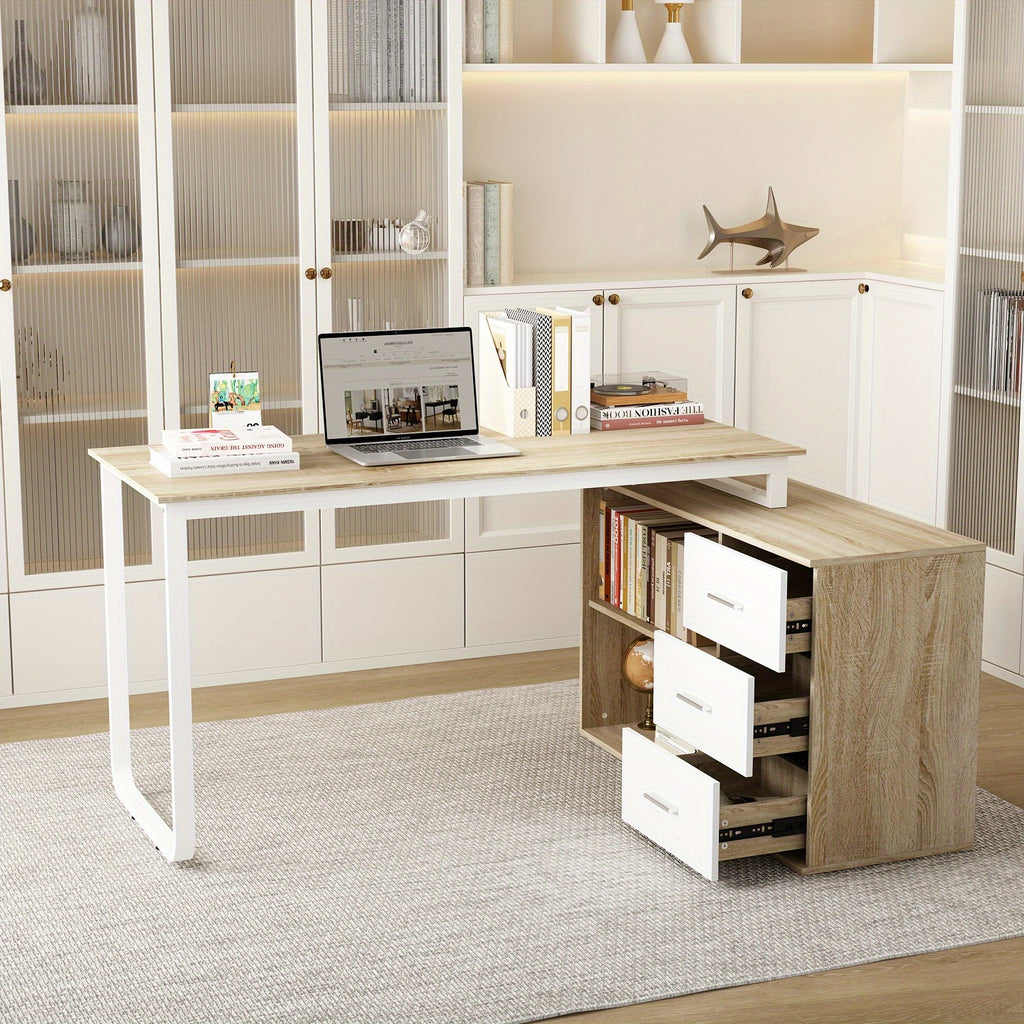 Modern L-Shaped Desk for Office Use Featuring Three Drawers And an Open Storage Shelf, with a Flexible Design Suitable for Both Computer And Administrative Tasks
