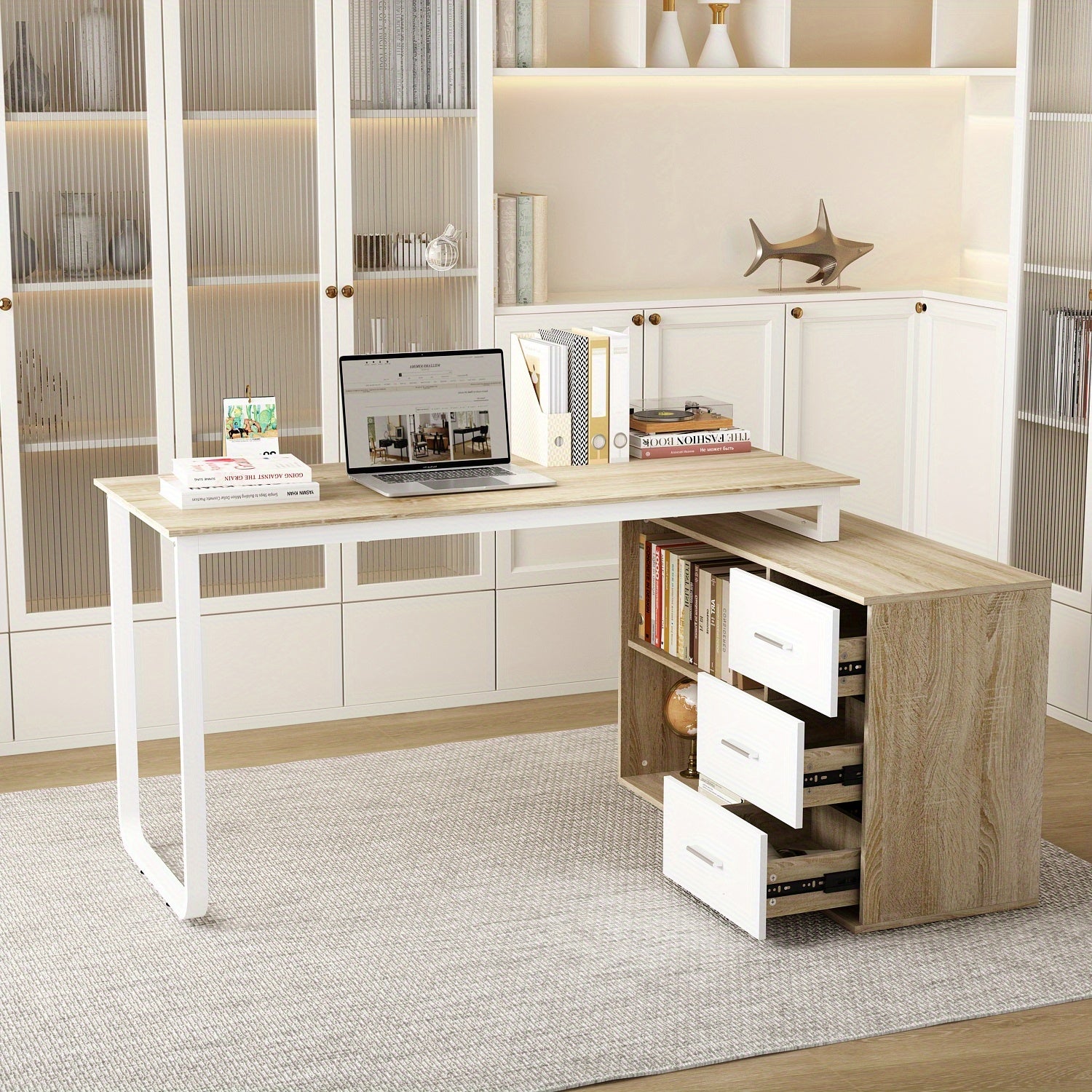 Modern L-Shaped Desk for Office Use Featuring Three Drawers And an Open Storage Shelf, with a Flexible Design Suitable for Both Computer And Administrative Tasks